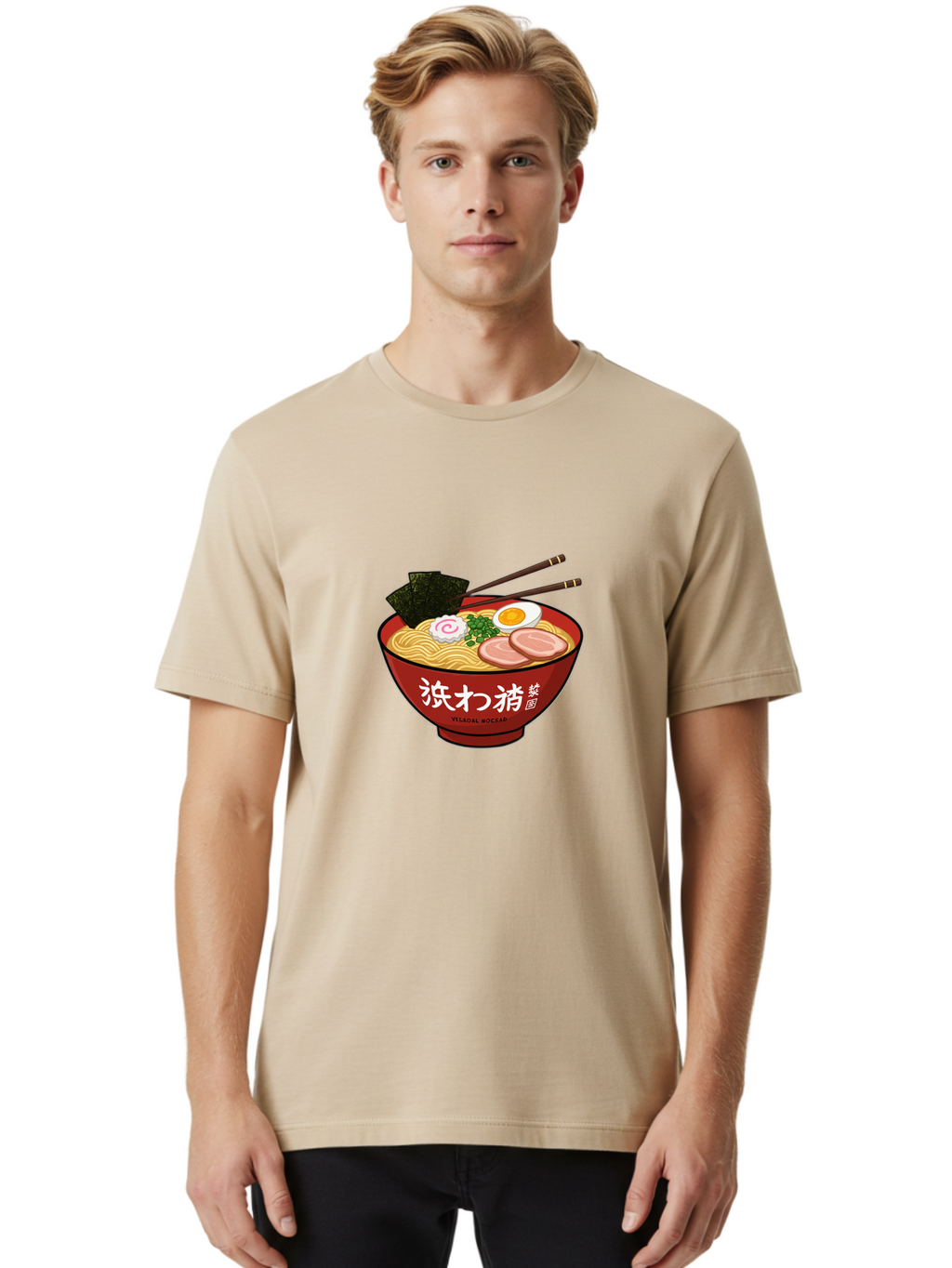 Velqal-Woosap Men'S Graphic Tee, 100% Cotton, Comfortable Casual Summer Wear, Machine Washable, Ramen Noodles, Egg, Seaweed, Pork Slices, Asian Cuisine, Japanese Food, Noodle Soup, Chopsticks, Velogal Woccar Bab570
