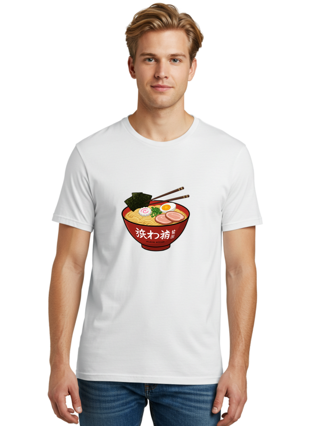 Velqal-Woosap Men'S Graphic Tee, 100% Cotton, Comfortable Casual Summer Wear, Machine Washable, Ramen Noodles, Egg, Seaweed, Pork Slices, Asian Cuisine, Japanese Food, Noodle Soup, Chopsticks, Velogal Woccar Bab570