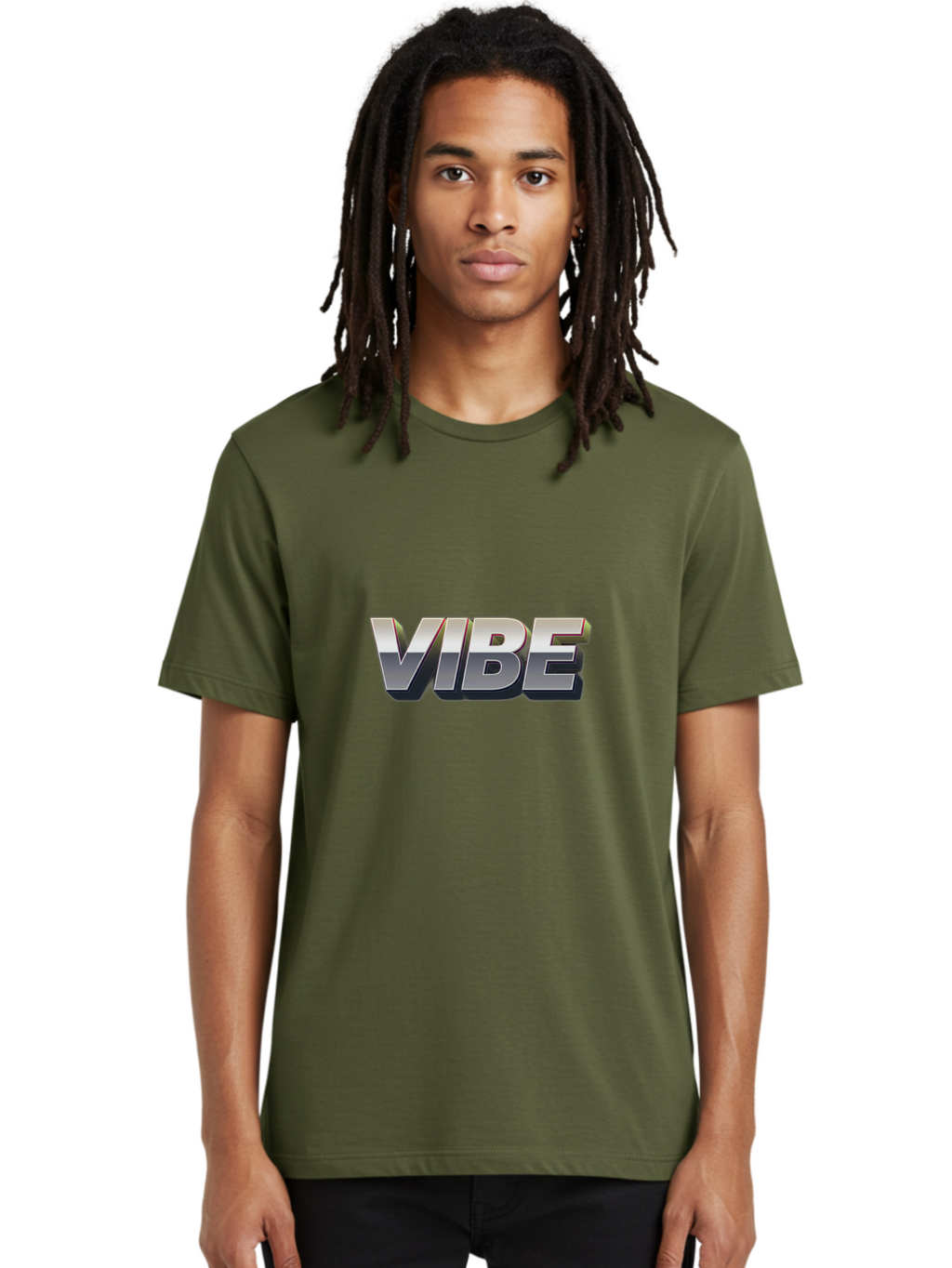Vibe Men'S Graphic Tee, 100% Cotton, Comfortable Casual Summer Wear, Machine Washable, Vibe, Silver Text, Modern Font, Bold Typography, Sleek Design, Futuristic Style, Trendy Aesthetic, Contemporary Graphics, 3D Effect, Metallic Finish Bab571