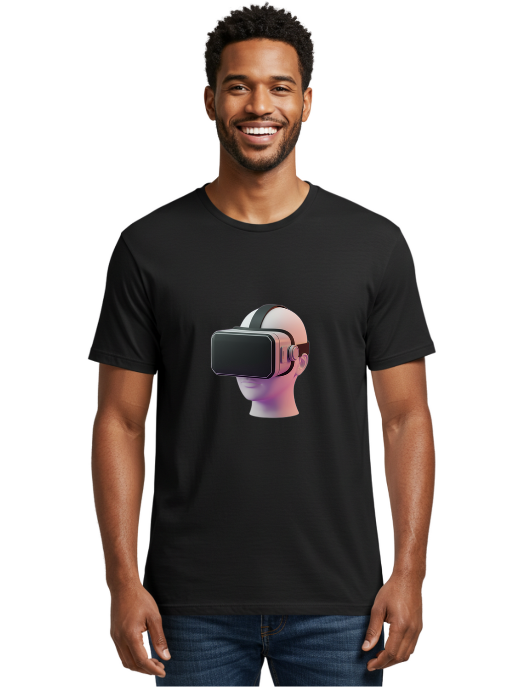 Vr-Headset-Mannequin Men'S Graphic Tee, 100% Cotton, Comfortable Casual Summer Wear, Machine Washable, Virtual Reality Headset, Vr Technology, Futuristic Design, Sleek Black, Modern Gadgets, Gaming, Immersive Experience, Innovative Tech Bab573