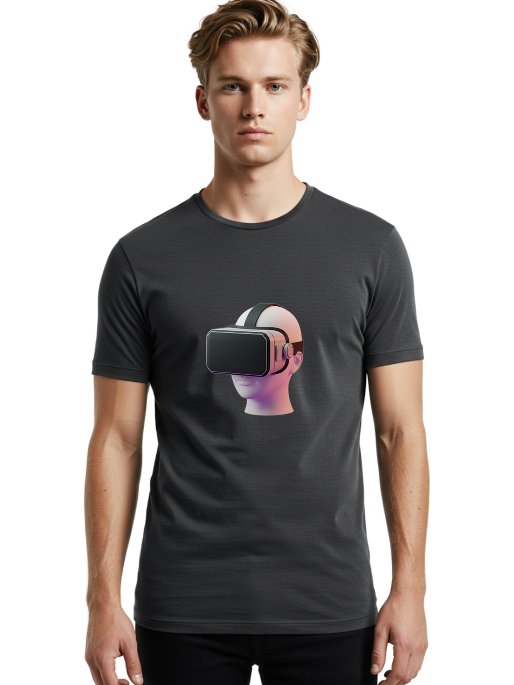Vr-Headset-Mannequin Men'S Graphic Tee, 100% Cotton, Comfortable Casual Summer Wear, Machine Washable, Virtual Reality Headset, Vr Technology, Futuristic Design, Sleek Black, Modern Gadgets, Gaming, Immersive Experience, Innovative Tech Bab573
