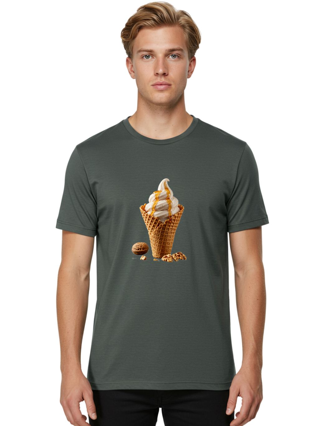 Waffle-Cone-Ice-Cream Men'S Graphic Tee, 100% Cotton, Comfortable Casual Summer Wear, Machine Washable, Caramel Ice Cream, Waffle Cone, Sweet Treats, Desserts, Ice Cream Cone, Caramel Sauce, Walnuts, Crunchy Texture, Delicious Desserts, Bab574
