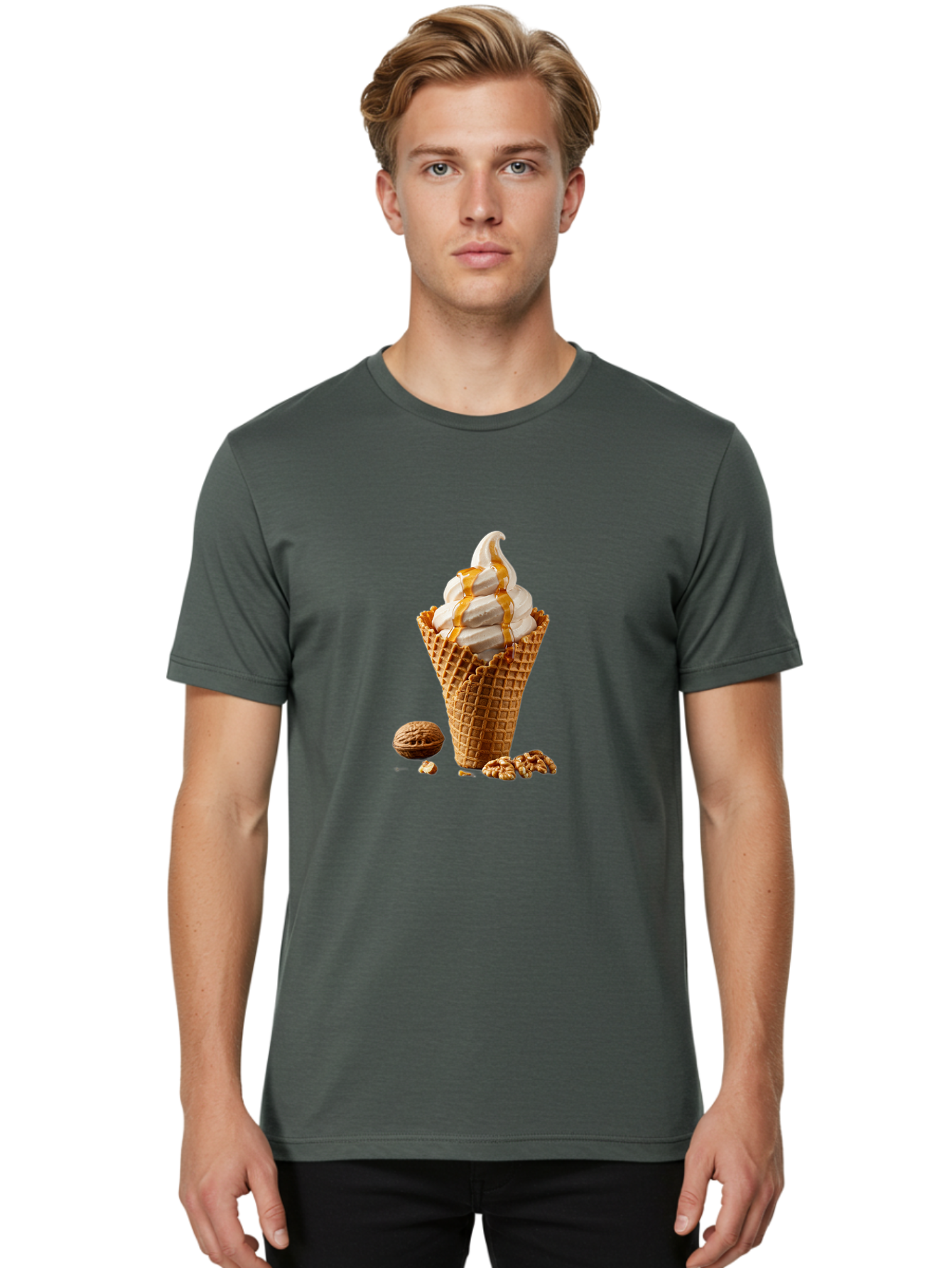 Waffle-Cone-Ice-Cream Men'S Graphic Tee, 100% Cotton, Comfortable Casual Summer Wear, Machine Washable, Caramel Ice Cream, Waffle Cone, Sweet Treats, Desserts, Ice Cream Cone, Caramel Sauce, Walnuts, Crunchy Texture, Delicious Desserts, Bab574