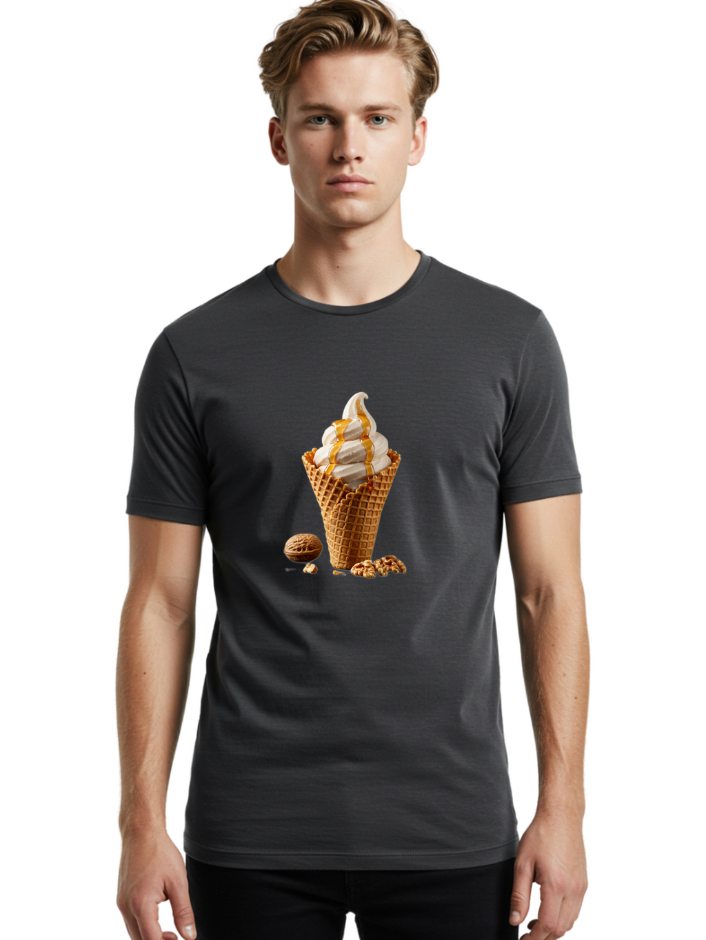 Waffle-Cone-Ice-Cream Men'S Graphic Tee, 100% Cotton, Comfortable Casual Summer Wear, Machine Washable, Caramel Ice Cream, Waffle Cone, Sweet Treats, Desserts, Ice Cream Cone, Caramel Sauce, Walnuts, Crunchy Texture, Delicious Desserts, Bab574