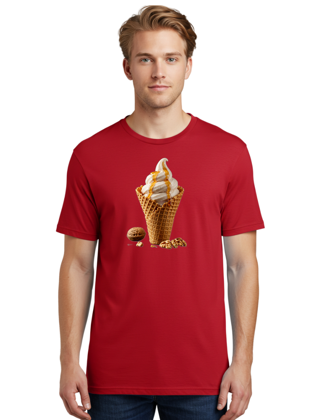 Waffle-Cone-Ice-Cream Men'S Graphic Tee, 100% Cotton, Comfortable Casual Summer Wear, Machine Washable, Caramel Ice Cream, Waffle Cone, Sweet Treats, Desserts, Ice Cream Cone, Caramel Sauce, Walnuts, Crunchy Texture, Delicious Desserts, Bab574