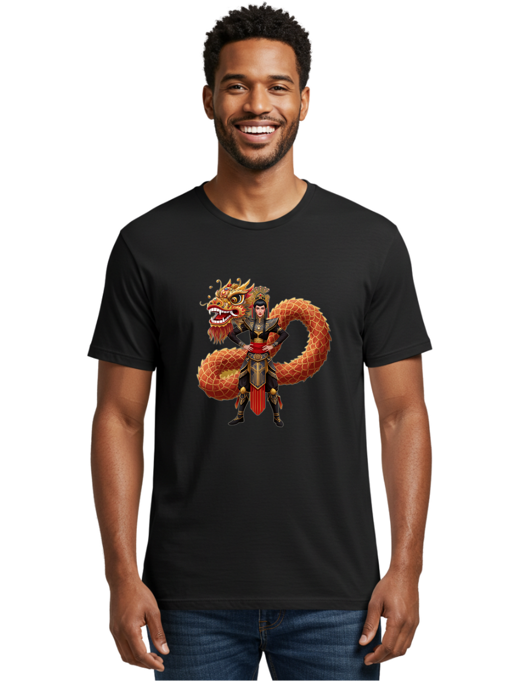 Warrior-Dragon Men'S Graphic Tee, 100% Cotton, Comfortable Casual Summer Wear, Machine Washable, Female Warrior, Dragon Companion, Traditional Armor, Gold Accents, Red Sash, Mythical Creature, Fantasy Art, Eastern Mythology, Bab575