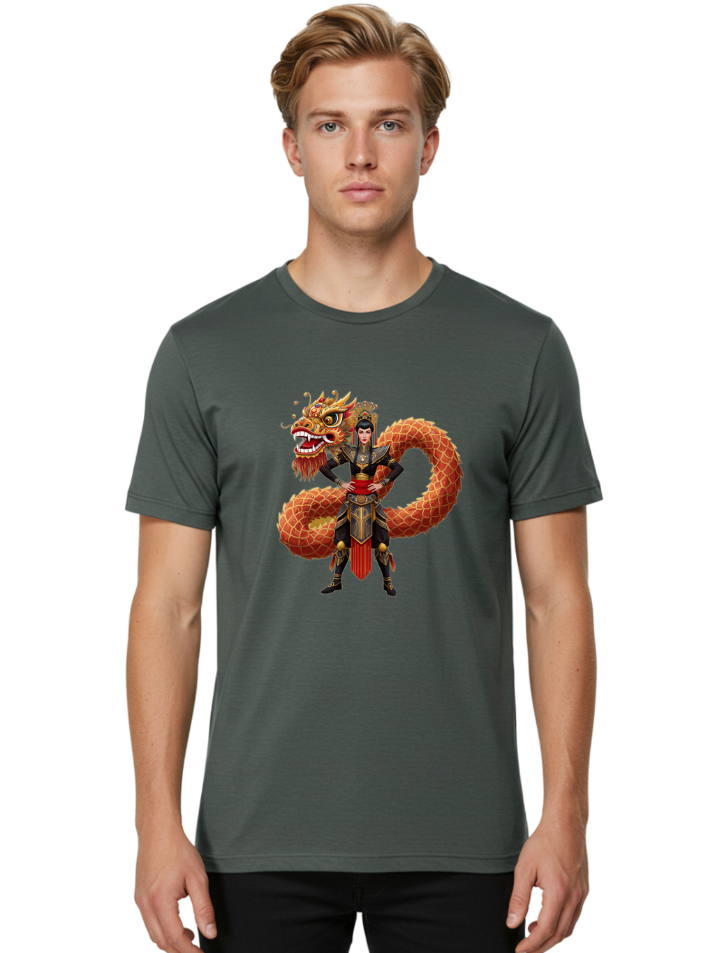 Warrior-Dragon Men'S Graphic Tee, 100% Cotton, Comfortable Casual Summer Wear, Machine Washable, Female Warrior, Dragon Companion, Traditional Armor, Gold Accents, Red Sash, Mythical Creature, Fantasy Art, Eastern Mythology, Bab575