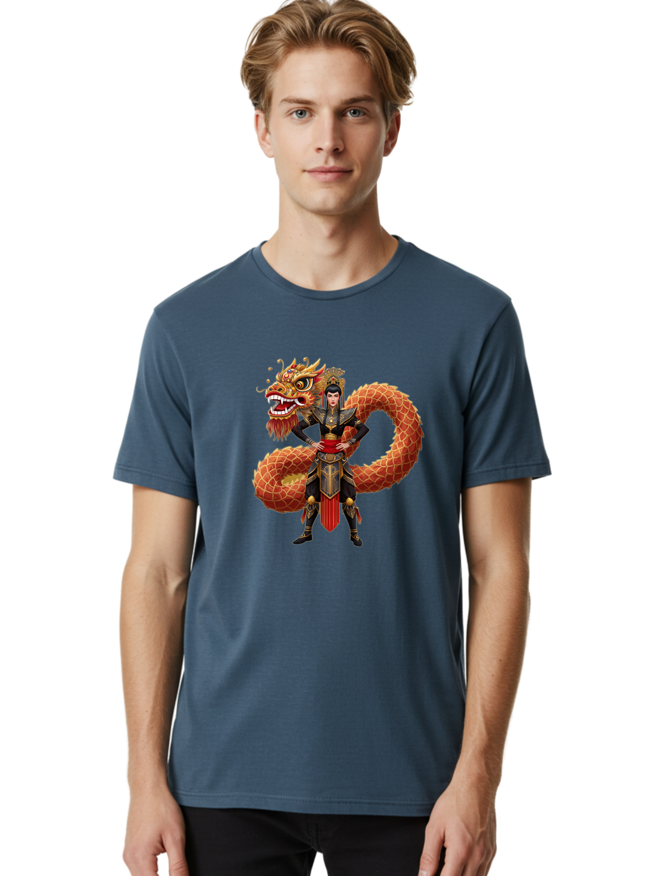 Warrior-Dragon Men'S Graphic Tee, 100% Cotton, Comfortable Casual Summer Wear, Machine Washable, Female Warrior, Dragon Companion, Traditional Armor, Gold Accents, Red Sash, Mythical Creature, Fantasy Art, Eastern Mythology, Bab575