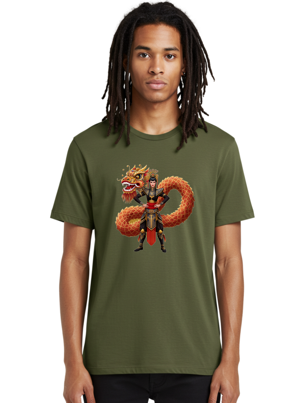 Warrior-Dragon Men'S Graphic Tee, 100% Cotton, Comfortable Casual Summer Wear, Machine Washable, Female Warrior, Dragon Companion, Traditional Armor, Gold Accents, Red Sash, Mythical Creature, Fantasy Art, Eastern Mythology, Bab575