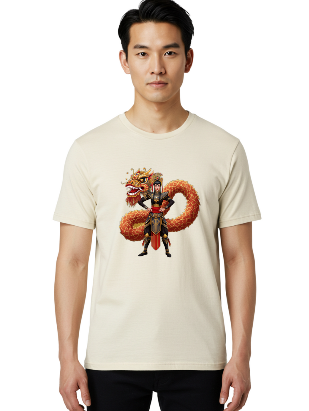 Warrior-Dragon Men'S Graphic Tee, 100% Cotton, Comfortable Casual Summer Wear, Machine Washable, Female Warrior, Dragon Companion, Traditional Armor, Gold Accents, Red Sash, Mythical Creature, Fantasy Art, Eastern Mythology, Bab575