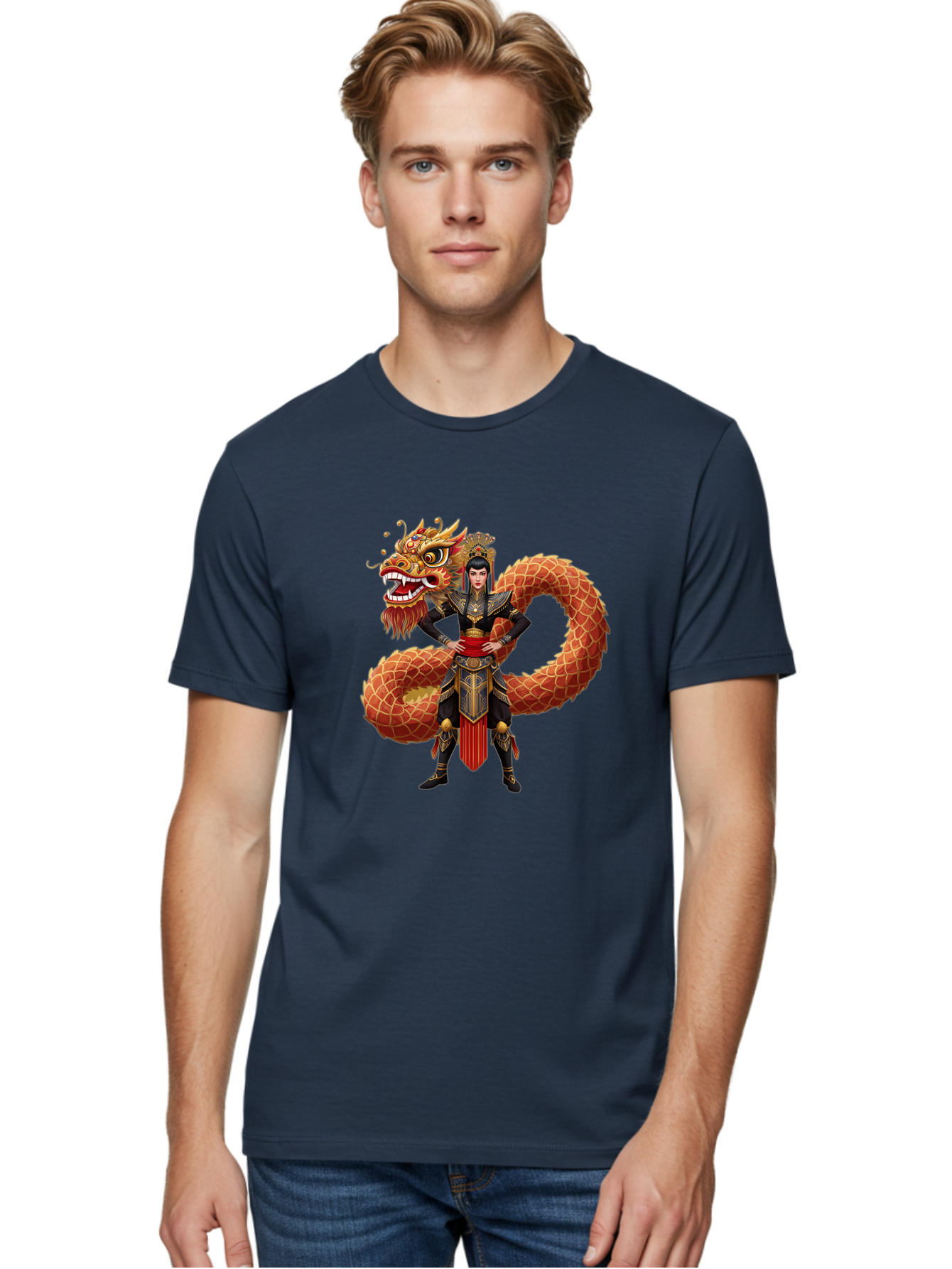 Warrior-Dragon Men'S Graphic Tee, 100% Cotton, Comfortable Casual Summer Wear, Machine Washable, Female Warrior, Dragon Companion, Traditional Armor, Gold Accents, Red Sash, Mythical Creature, Fantasy Art, Eastern Mythology, Bab575
