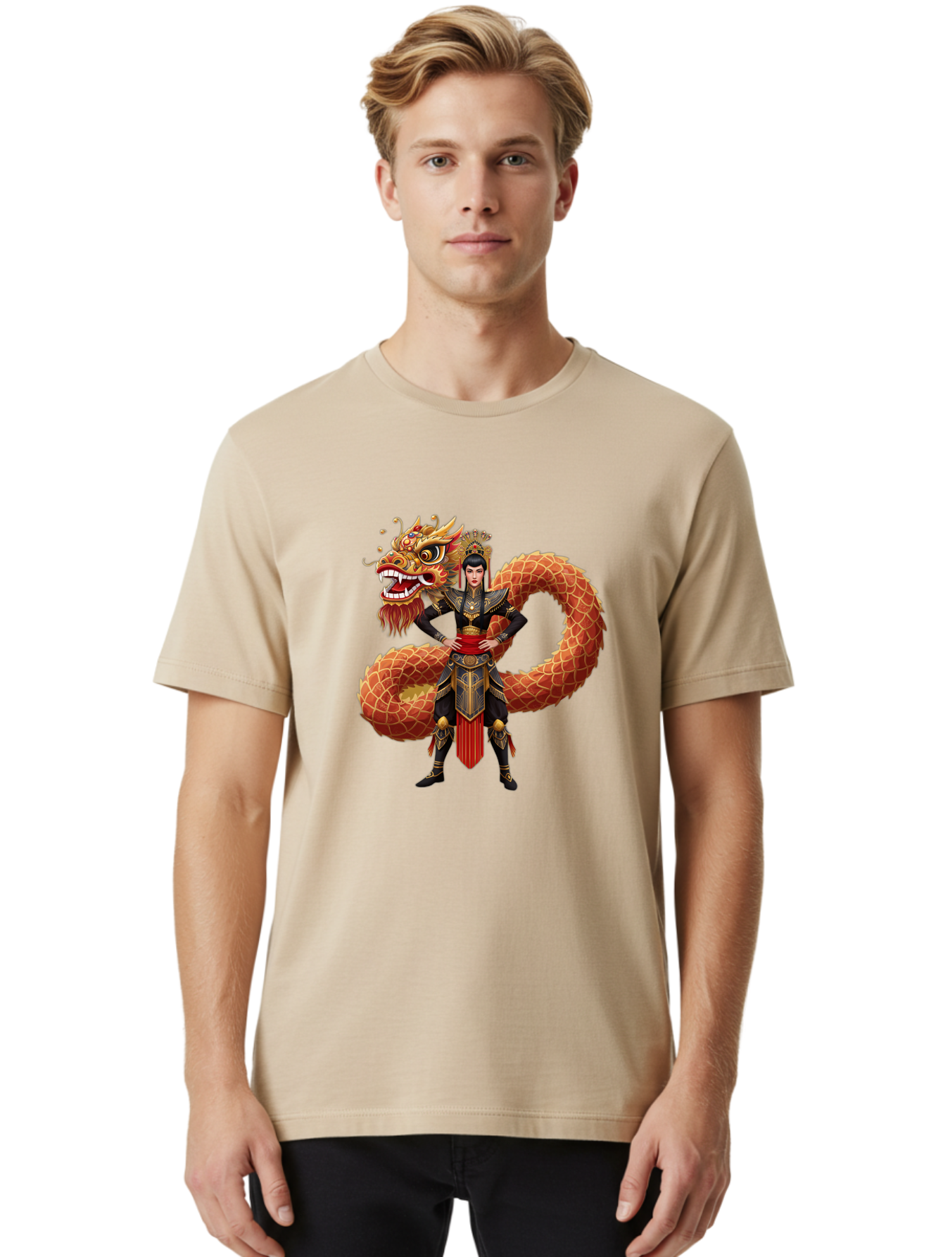 Warrior-Dragon Men'S Graphic Tee, 100% Cotton, Comfortable Casual Summer Wear, Machine Washable, Female Warrior, Dragon Companion, Traditional Armor, Gold Accents, Red Sash, Mythical Creature, Fantasy Art, Eastern Mythology, Bab575