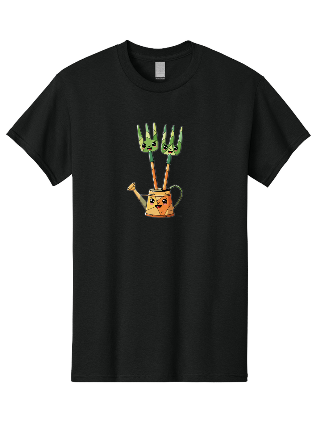 Watering-Can-And-Forks Men'S Graphic Tee, 100% Cotton, Comfortable Casual Summer Wear, Machine Washable, Cartoon Gardening Tools, Anthropomorphic Utensils, Watering Can With Face, Forks As Companions, Gardening Humor, Playful Illustration, Bab576