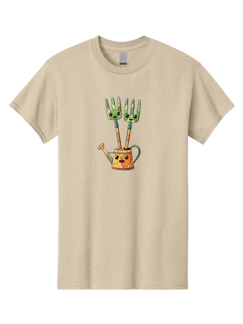 Watering-Can-And-Forks Men'S Graphic Tee, 100% Cotton, Comfortable Casual Summer Wear, Machine Washable, Cartoon Gardening Tools, Anthropomorphic Utensils, Watering Can With Face, Forks As Companions, Gardening Humor, Playful Illustration, Bab576