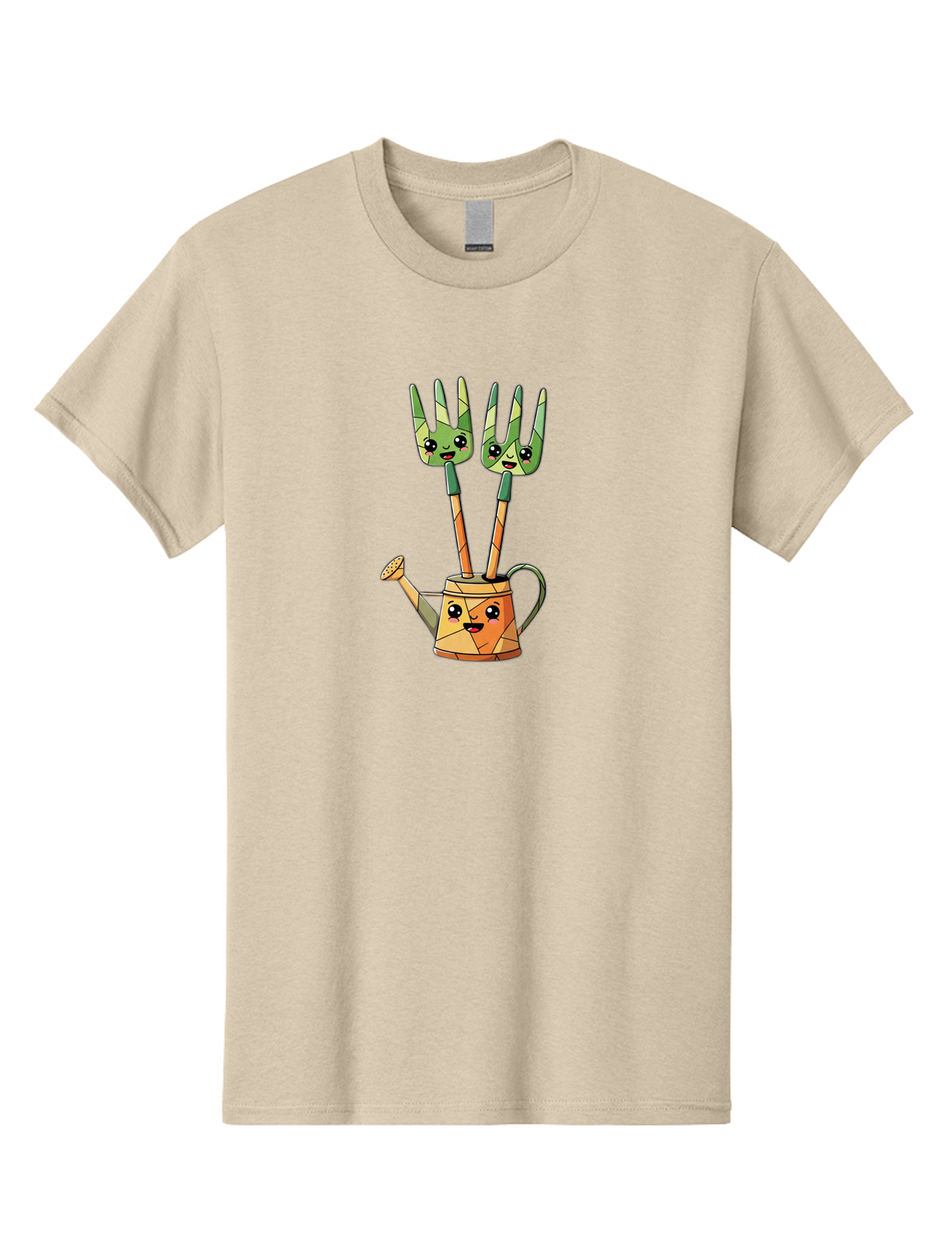 Watering-Can-And-Forks Men'S Graphic Tee, 100% Cotton, Comfortable Casual Summer Wear, Machine Washable, Cartoon Gardening Tools, Anthropomorphic Utensils, Watering Can With Face, Forks As Companions, Gardening Humor, Playful Illustration, Bab576