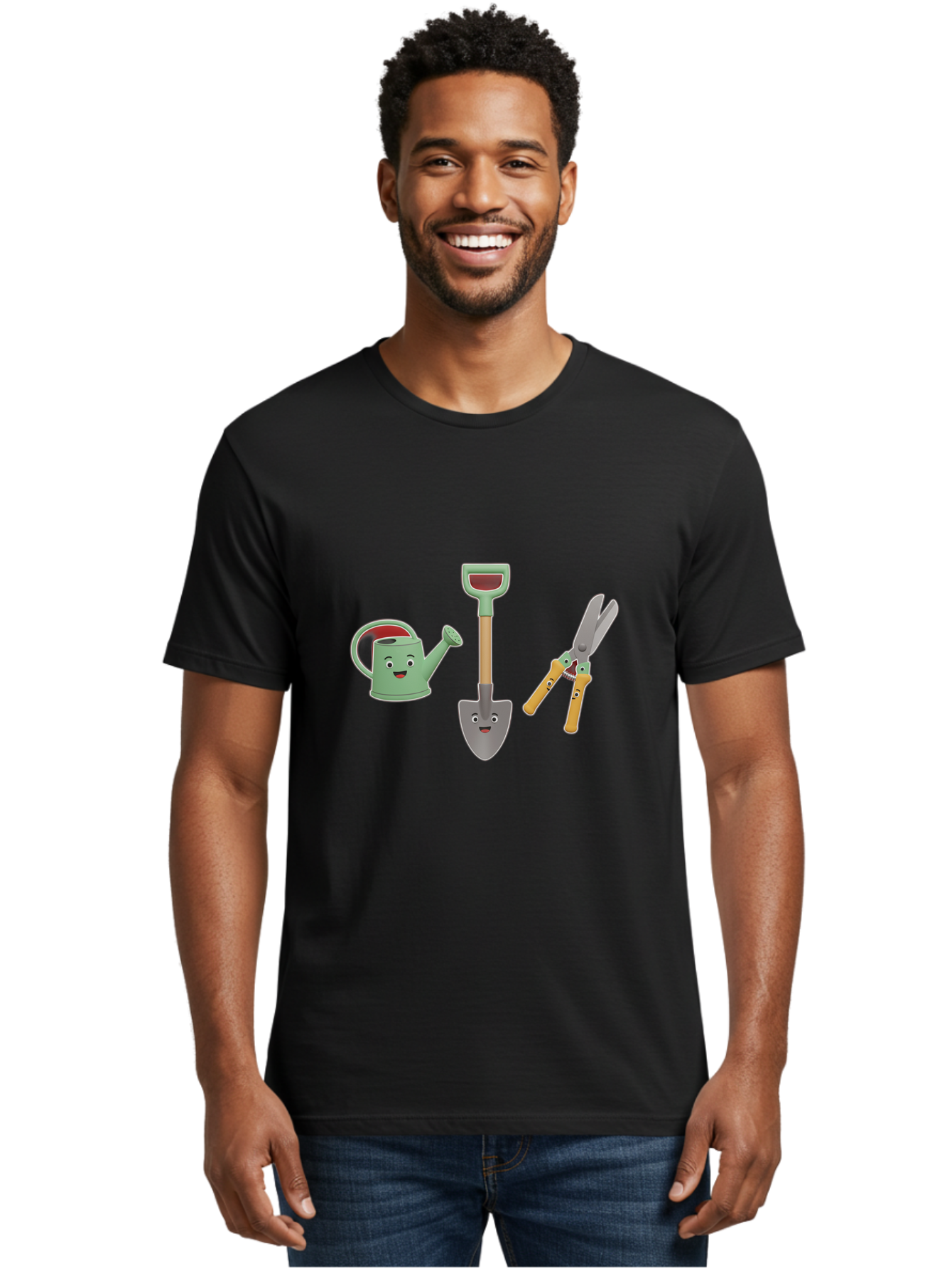 Watering-Can-Shovel-Pruning-Shears Men'S Graphic Tee, 100% Cotton, Comfortable Casual Summer Wear, Machine Washable, Gardening Tools, Watering Can With Face, Shovel With Face, Pruning Shears, Anthropomorphic Gardening Equipment, Bab577