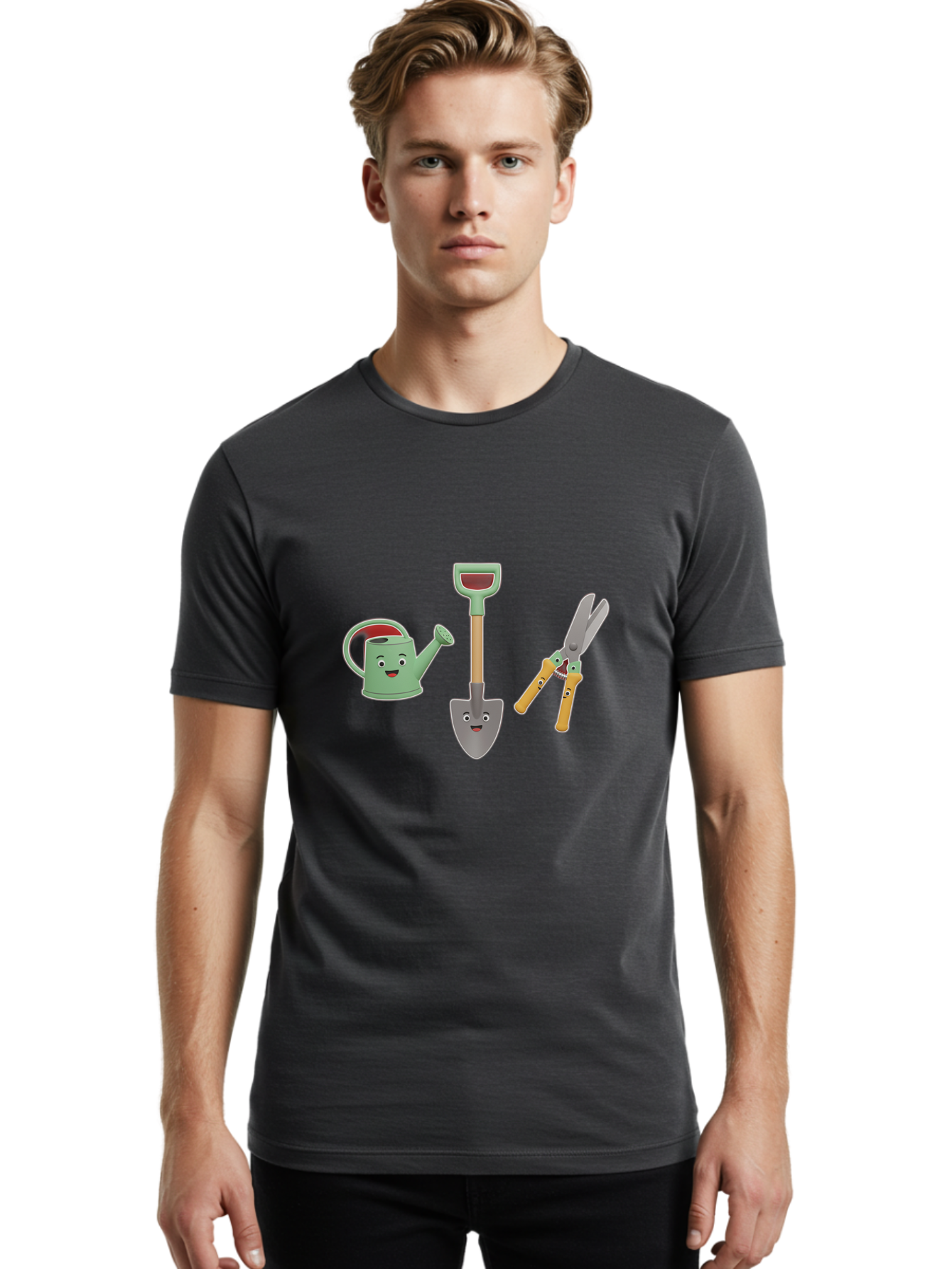 Watering-Can-Shovel-Pruning-Shears Men'S Graphic Tee, 100% Cotton, Comfortable Casual Summer Wear, Machine Washable, Gardening Tools, Watering Can With Face, Shovel With Face, Pruning Shears, Anthropomorphic Gardening Equipment, Bab577