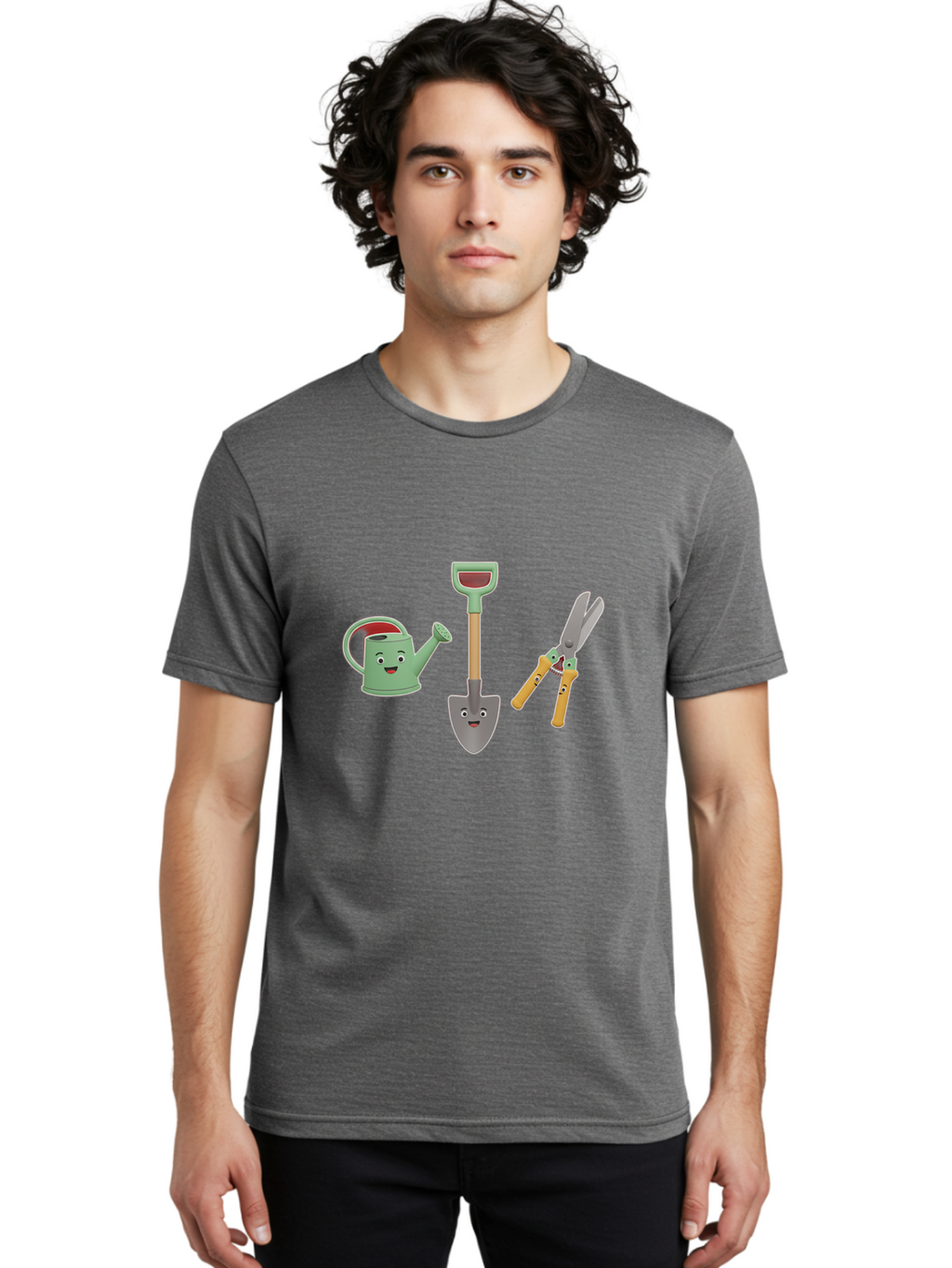 Watering-Can-Shovel-Pruning-Shears Men'S Graphic Tee, 100% Cotton, Comfortable Casual Summer Wear, Machine Washable, Gardening Tools, Watering Can With Face, Shovel With Face, Pruning Shears, Anthropomorphic Gardening Equipment, Bab577