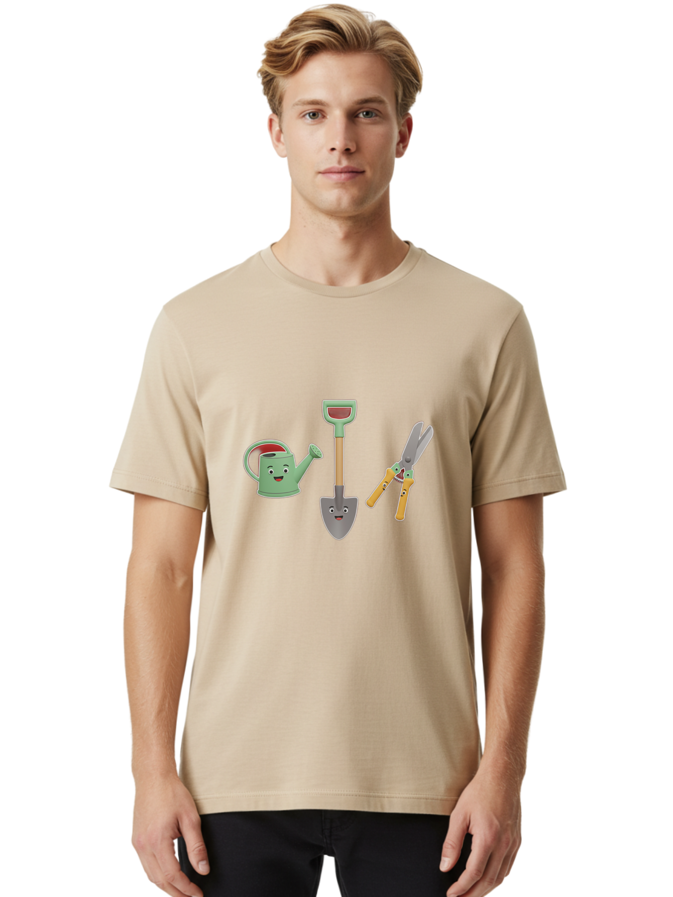 Watering-Can-Shovel-Pruning-Shears Men'S Graphic Tee, 100% Cotton, Comfortable Casual Summer Wear, Machine Washable, Gardening Tools, Watering Can With Face, Shovel With Face, Pruning Shears, Anthropomorphic Gardening Equipment, Bab577