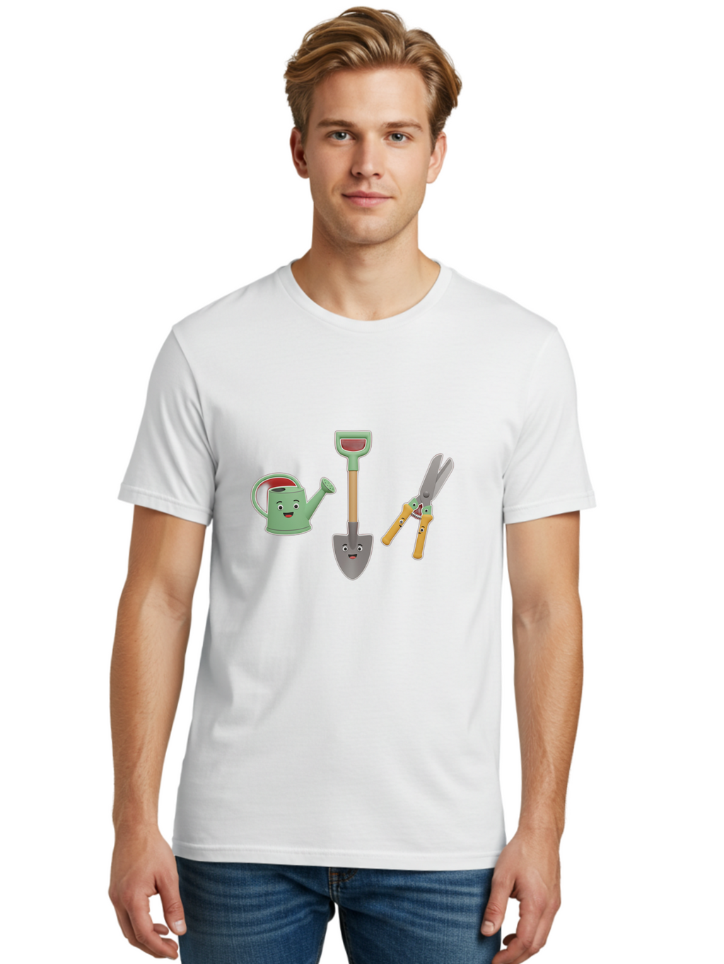 Watering-Can-Shovel-Pruning-Shears Men'S Graphic Tee, 100% Cotton, Comfortable Casual Summer Wear, Machine Washable, Gardening Tools, Watering Can With Face, Shovel With Face, Pruning Shears, Anthropomorphic Gardening Equipment, Bab577