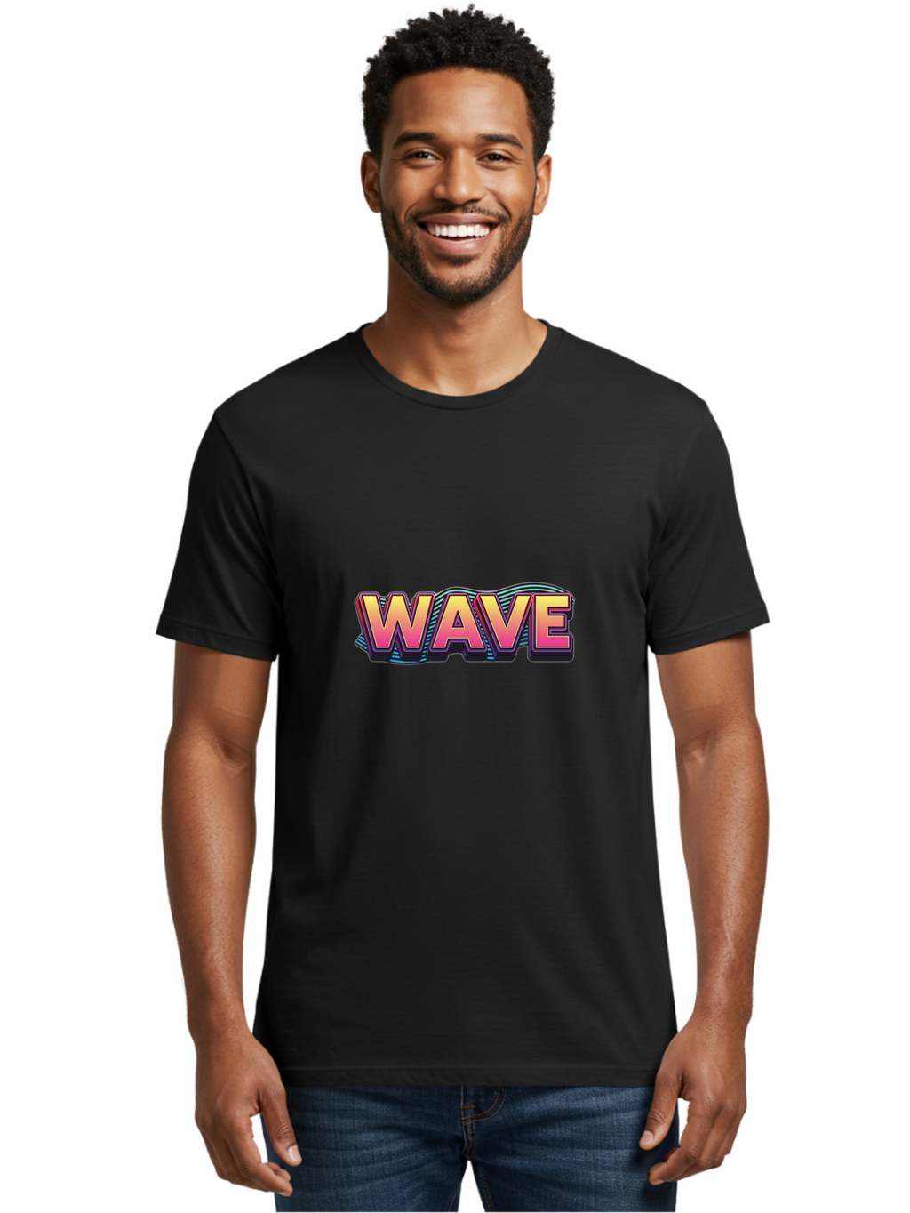 Wave Men'S Graphic Tee, 100% Cotton, Comfortable Casual Summer Wear, Machine Washable, Stylish Typography, Gradient Text, Wavy Design, Vibrant Colors, Modern Graphics, Bold Font, Retro Aesthetic, Colorful Illustration Bab578