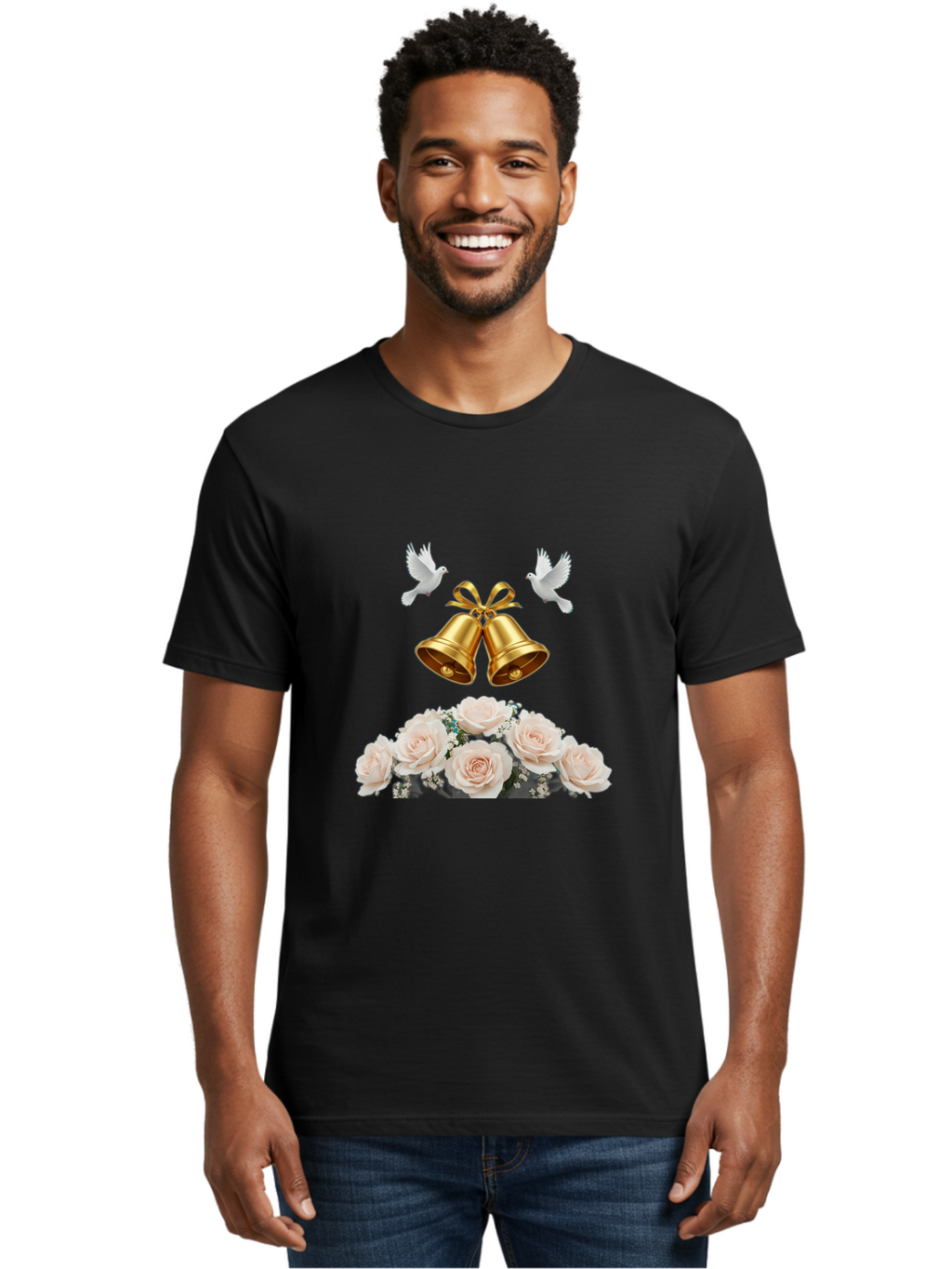 Wedding-Bells-With-Roses Men'S Graphic Tee, 100% Cotton, Comfortable Casual Summer Wear, Machine Washable, Wedding Bells, Golden Bells, White Doves, Bouquet Of Roses, White Roses, Baby'S Breath, Wedding Decor, Wedding Invitation, Bab580