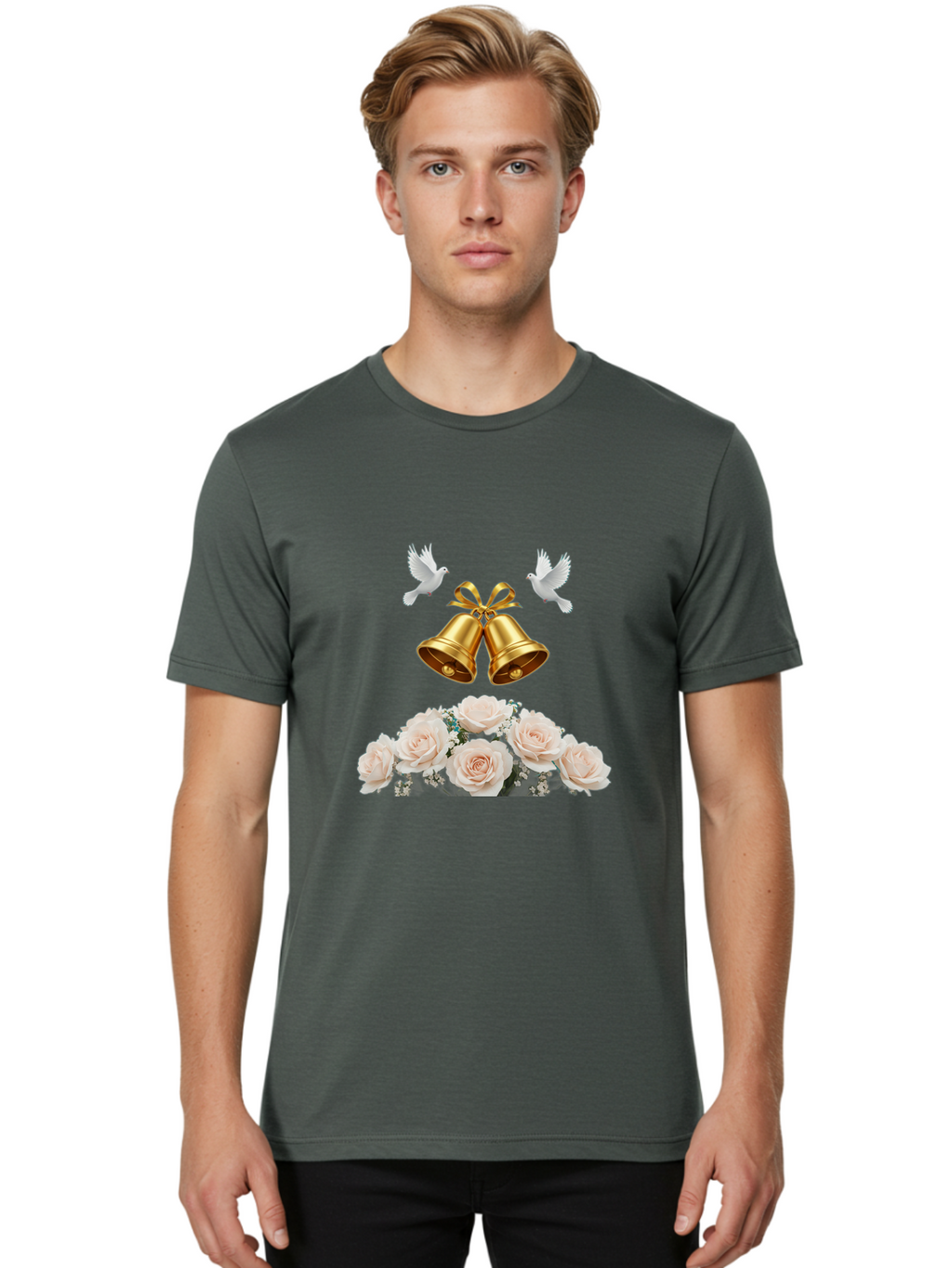 Wedding-Bells-With-Roses Men'S Graphic Tee, 100% Cotton, Comfortable Casual Summer Wear, Machine Washable, Wedding Bells, Golden Bells, White Doves, Bouquet Of Roses, White Roses, Baby'S Breath, Wedding Decor, Wedding Invitation, Bab580