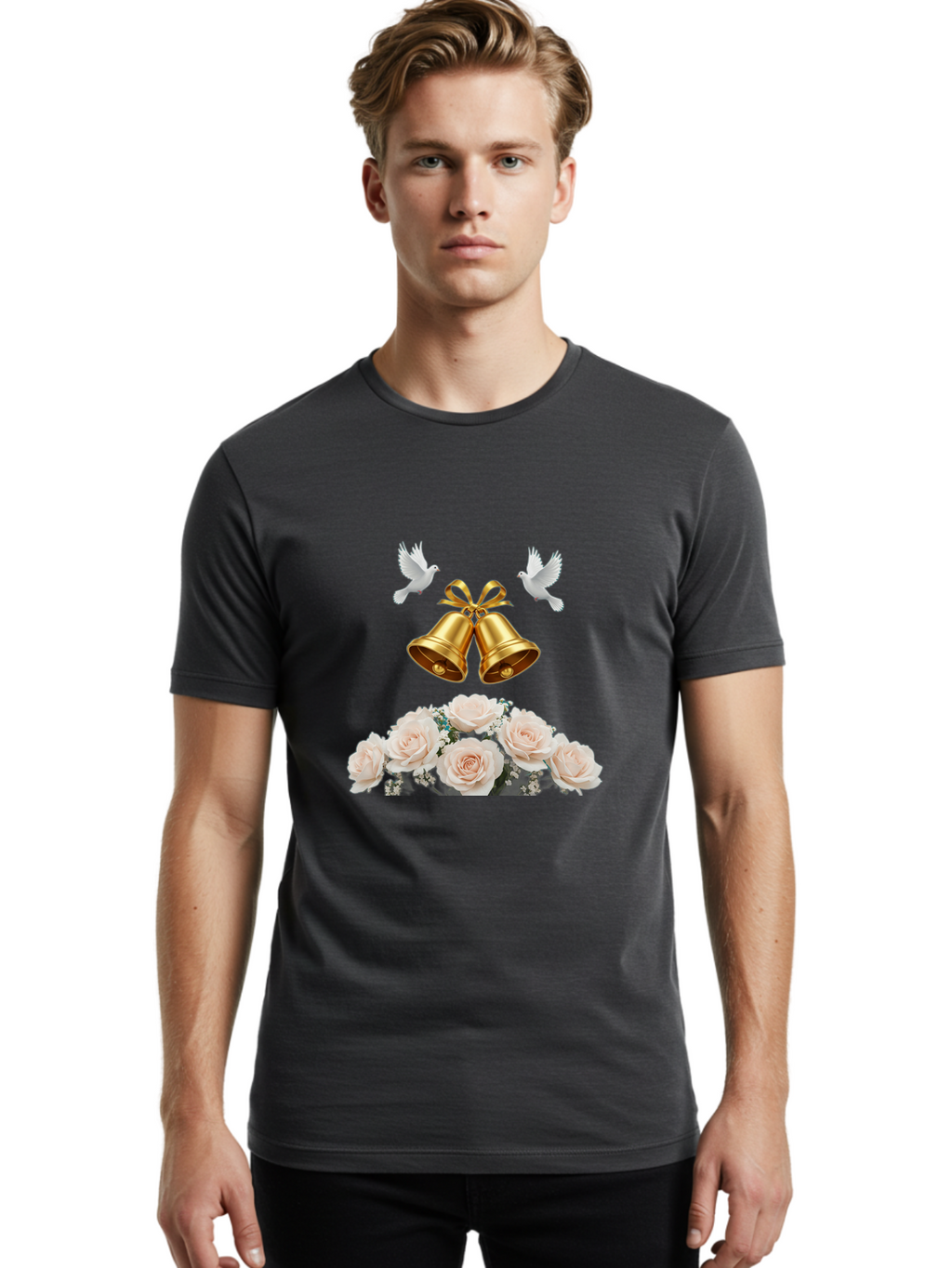 Wedding-Bells-With-Roses Men'S Graphic Tee, 100% Cotton, Comfortable Casual Summer Wear, Machine Washable, Wedding Bells, Golden Bells, White Doves, Bouquet Of Roses, White Roses, Baby'S Breath, Wedding Decor, Wedding Invitation, Bab580