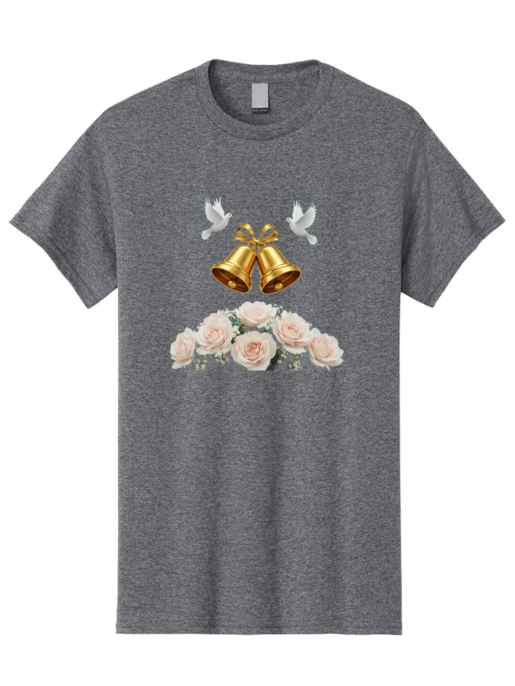 Wedding-Bells-With-Roses Men'S Graphic Tee, 100% Cotton, Comfortable Casual Summer Wear, Machine Washable, Wedding Bells, Golden Bells, White Doves, Bouquet Of Roses, White Roses, Baby'S Breath, Wedding Decor, Wedding Invitation, Bab580