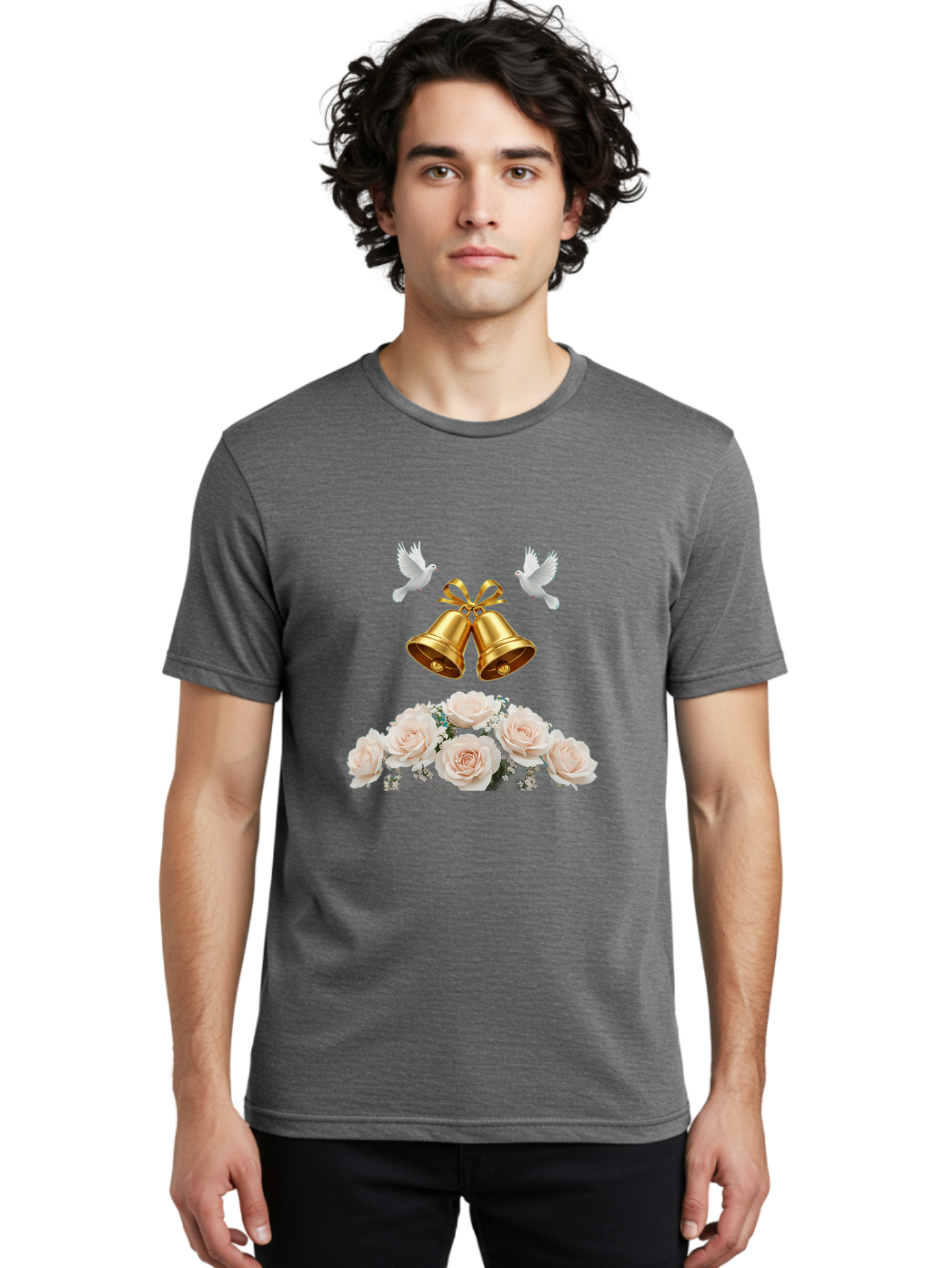 Wedding-Bells-With-Roses Men'S Graphic Tee, 100% Cotton, Comfortable Casual Summer Wear, Machine Washable, Wedding Bells, Golden Bells, White Doves, Bouquet Of Roses, White Roses, Baby'S Breath, Wedding Decor, Wedding Invitation, Bab580