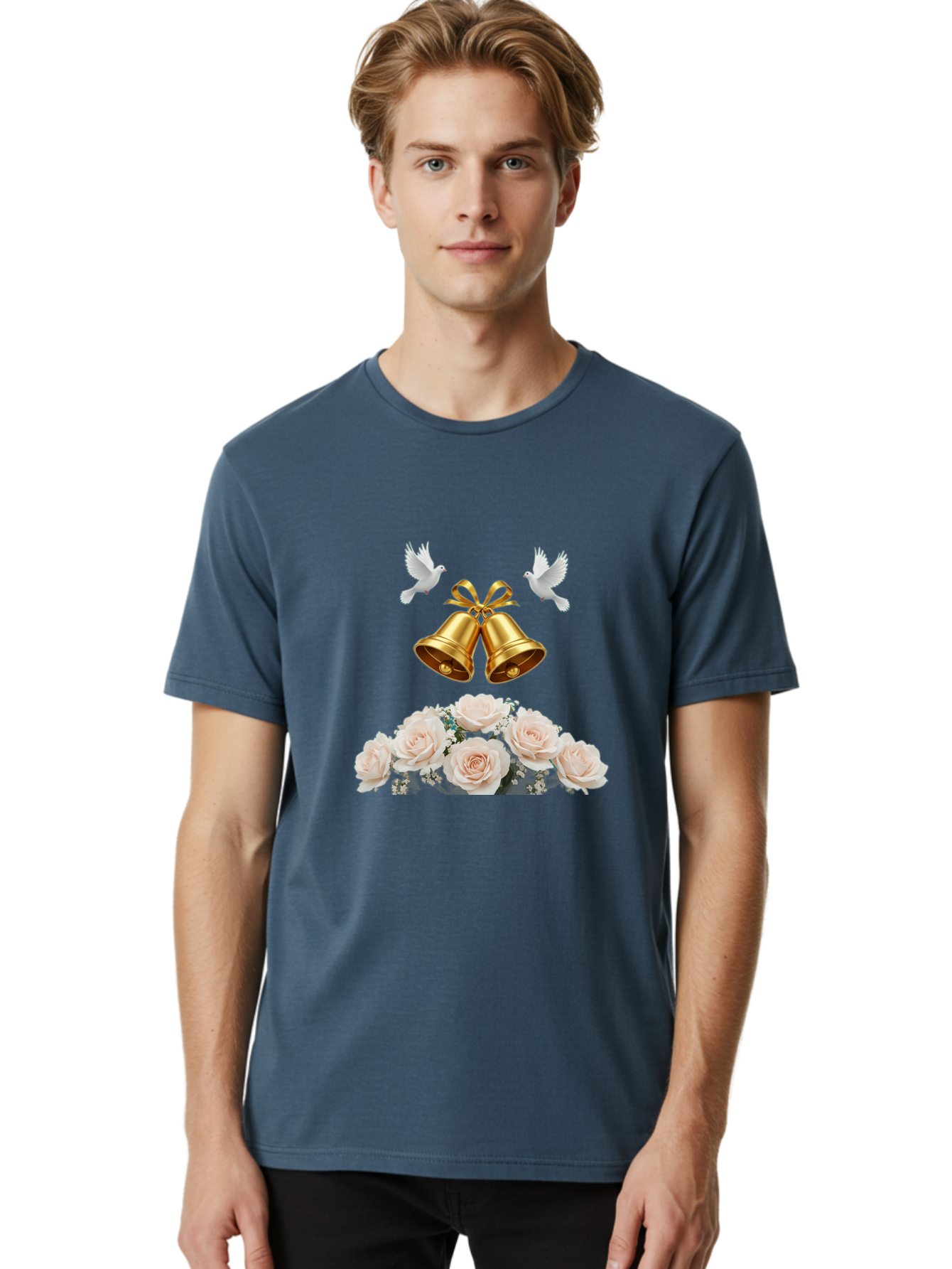 Wedding-Bells-With-Roses Men'S Graphic Tee, 100% Cotton, Comfortable Casual Summer Wear, Machine Washable, Wedding Bells, Golden Bells, White Doves, Bouquet Of Roses, White Roses, Baby'S Breath, Wedding Decor, Wedding Invitation, Bab580
