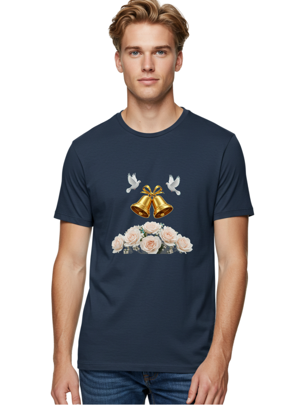 Wedding-Bells-With-Roses Men'S Graphic Tee, 100% Cotton, Comfortable Casual Summer Wear, Machine Washable, Wedding Bells, Golden Bells, White Doves, Bouquet Of Roses, White Roses, Baby'S Breath, Wedding Decor, Wedding Invitation, Bab580