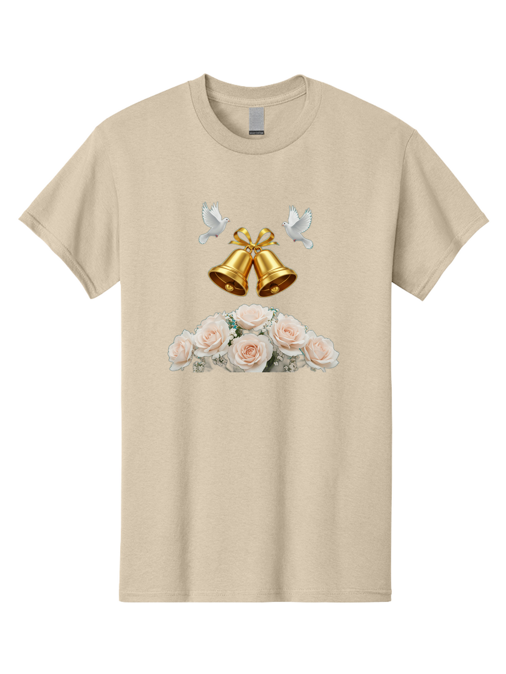 Wedding-Bells-With-Roses Men'S Graphic Tee, 100% Cotton, Comfortable Casual Summer Wear, Machine Washable, Wedding Bells, Golden Bells, White Doves, Bouquet Of Roses, White Roses, Baby'S Breath, Wedding Decor, Wedding Invitation, Bab580