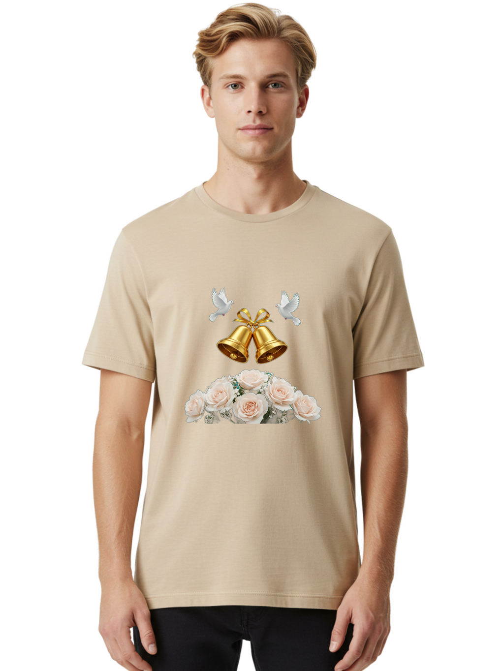 Wedding-Bells-With-Roses Men'S Graphic Tee, 100% Cotton, Comfortable Casual Summer Wear, Machine Washable, Wedding Bells, Golden Bells, White Doves, Bouquet Of Roses, White Roses, Baby'S Breath, Wedding Decor, Wedding Invitation, Bab580