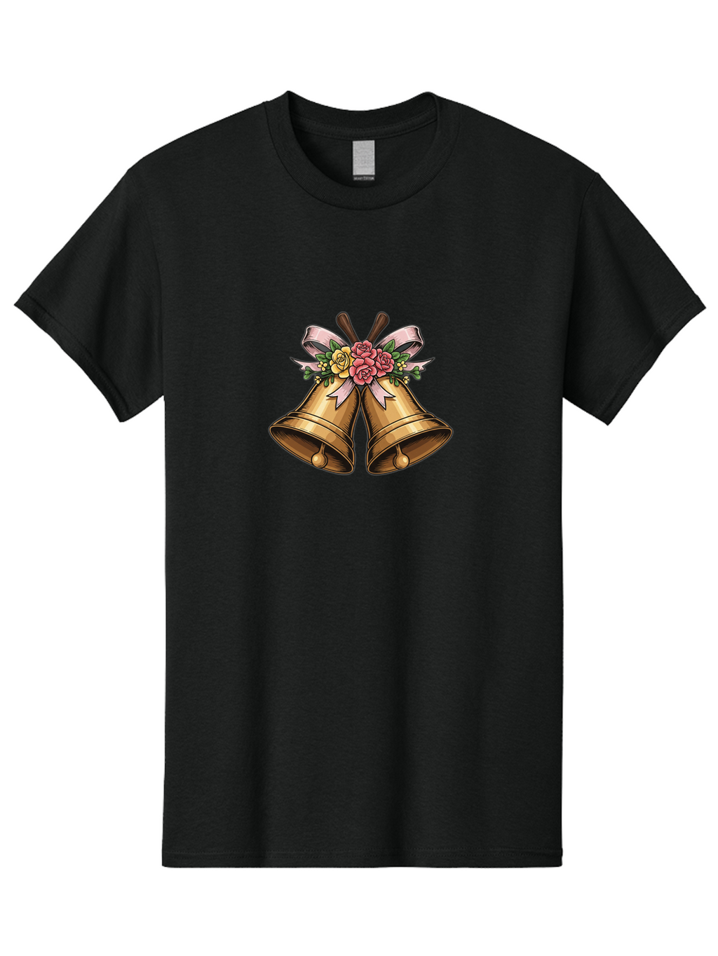 Wedding-Bells Men'S Graphic Tee, 100% Cotton, Comfortable Casual Summer Wear, Machine Washable, Wedding Bells, Golden Bells, Floral Arrangement, Roses, Pink Ribbon, Elegant Design, Wedding Decor, Celebratory Theme, Vintage Style Bab581