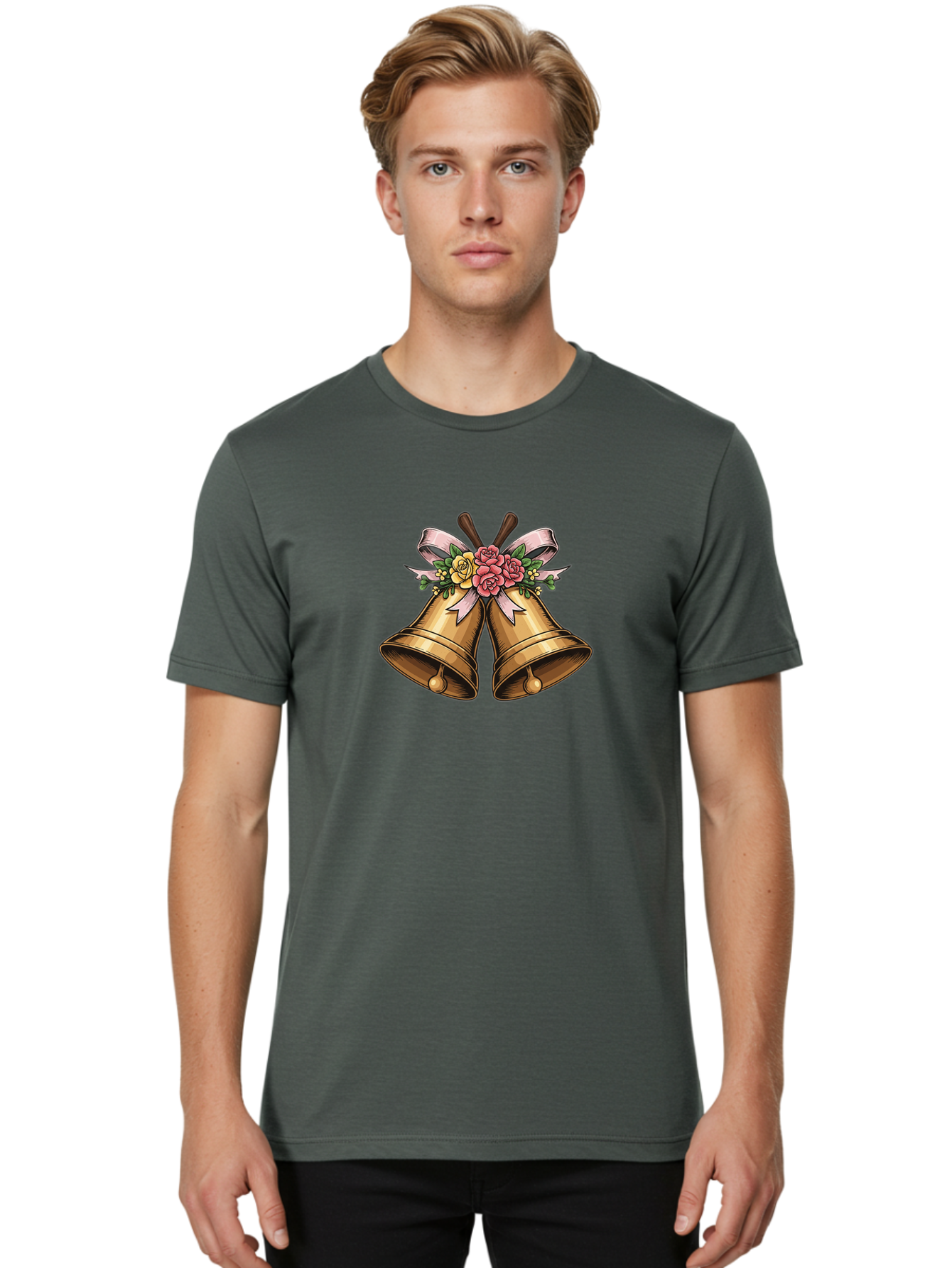 Wedding-Bells Men'S Graphic Tee, 100% Cotton, Comfortable Casual Summer Wear, Machine Washable, Wedding Bells, Golden Bells, Floral Arrangement, Roses, Pink Ribbon, Elegant Design, Wedding Decor, Celebratory Theme, Vintage Style Bab581