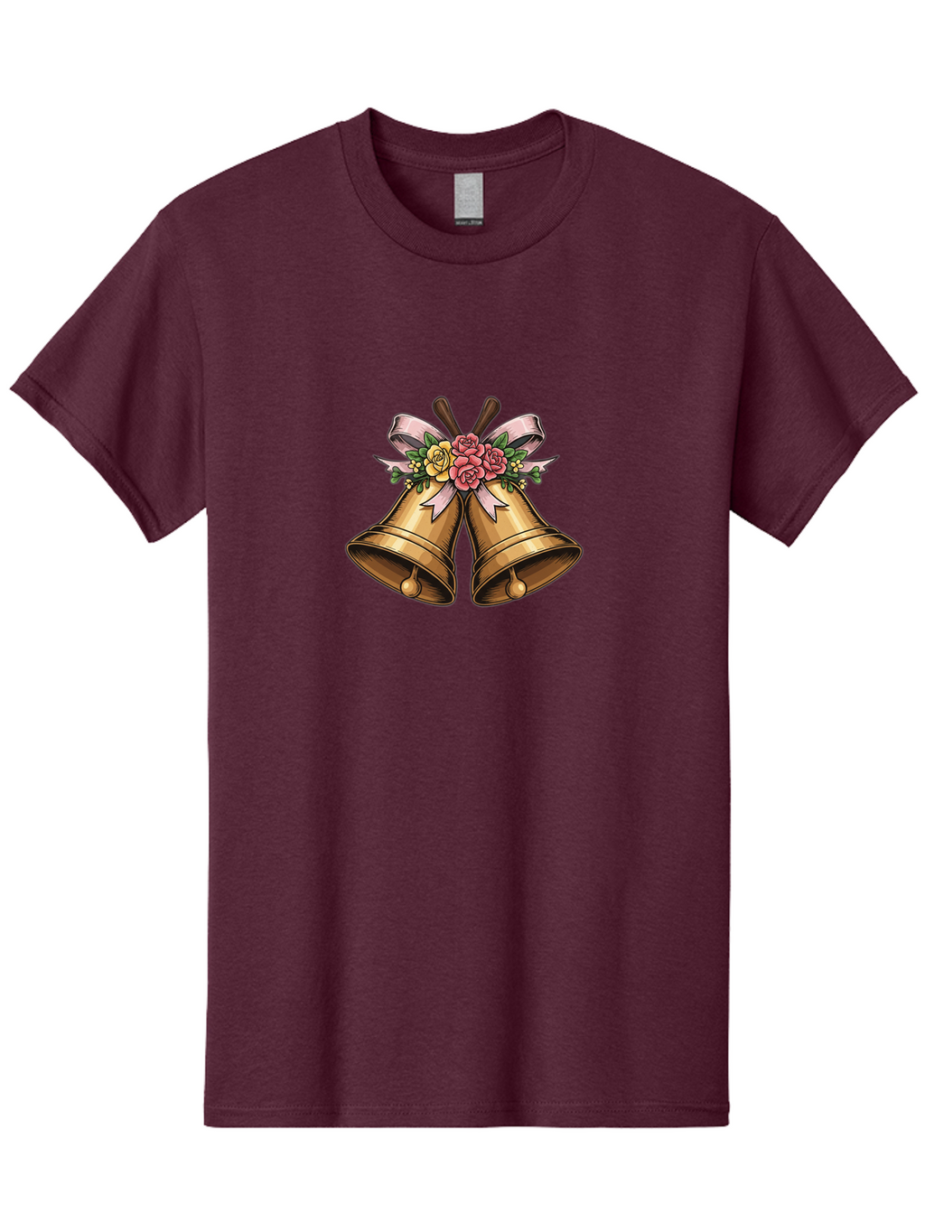 Wedding-Bells Men'S Graphic Tee, 100% Cotton, Comfortable Casual Summer Wear, Machine Washable, Wedding Bells, Golden Bells, Floral Arrangement, Roses, Pink Ribbon, Elegant Design, Wedding Decor, Celebratory Theme, Vintage Style Bab581