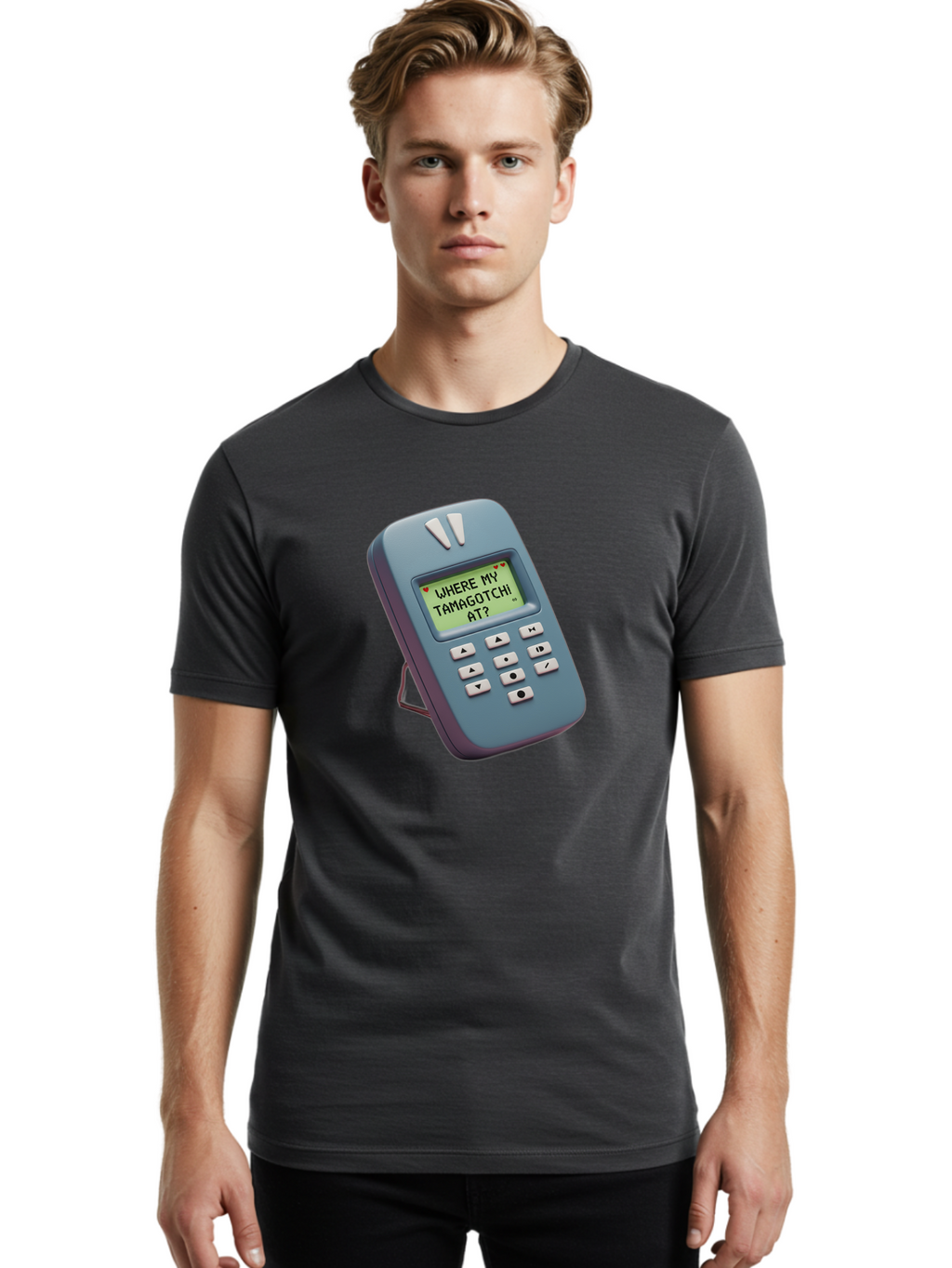 Where-My-Tamagotchi-At Men'S Graphic Tee, 100% Cotton, Comfortable Casual Summer Wear, Machine Washable, Retro Digital Pet, Nostalgic 90S Toy, Tamagotchi, Vintage Handheld Game, Classic Electronic Toy, Retro Gaming, Nostalgic Technology, Bab583