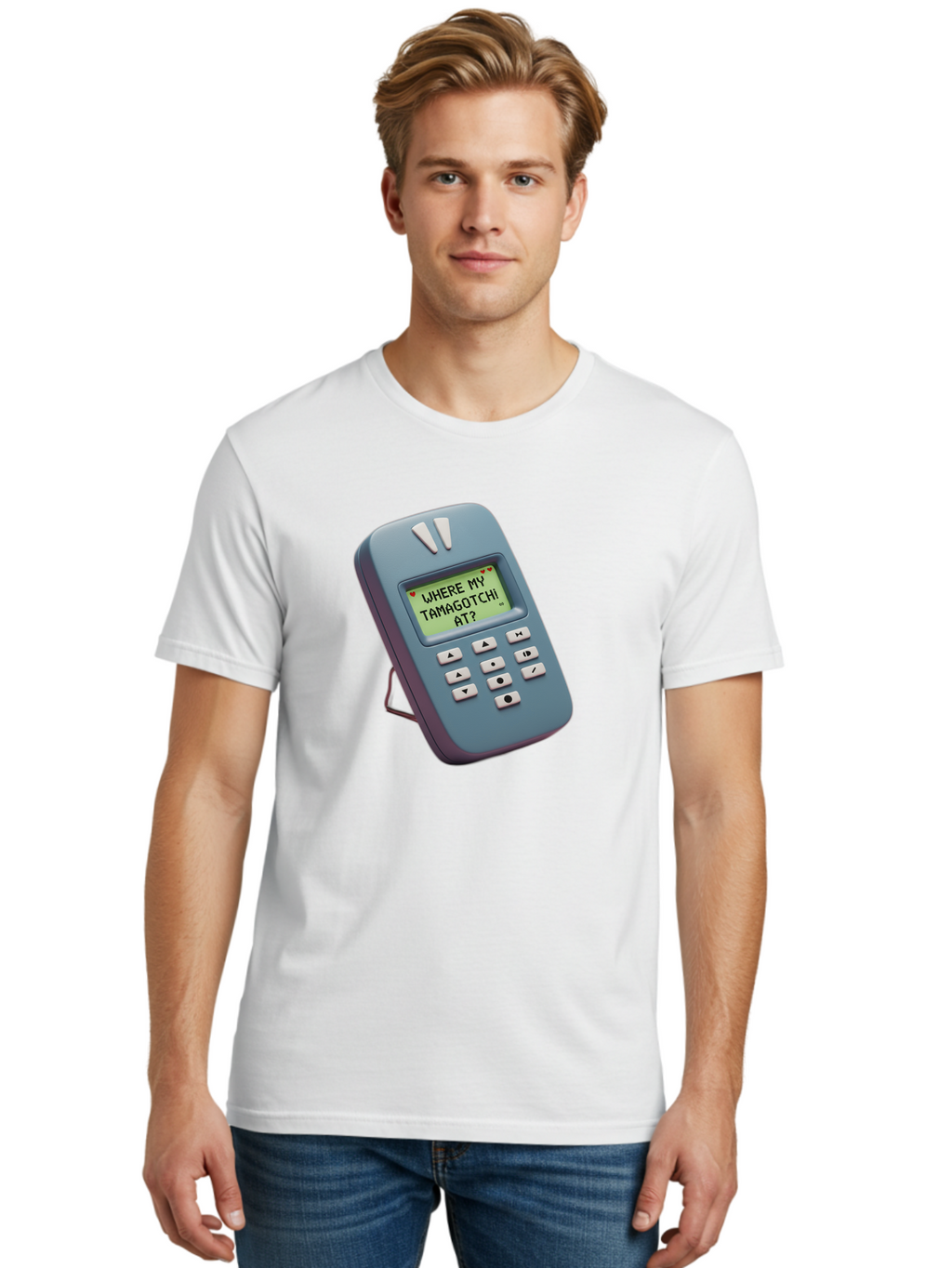 Where-My-Tamagotchi-At Men'S Graphic Tee, 100% Cotton, Comfortable Casual Summer Wear, Machine Washable, Retro Digital Pet, Nostalgic 90S Toy, Tamagotchi, Vintage Handheld Game, Classic Electronic Toy, Retro Gaming, Nostalgic Technology, Bab583