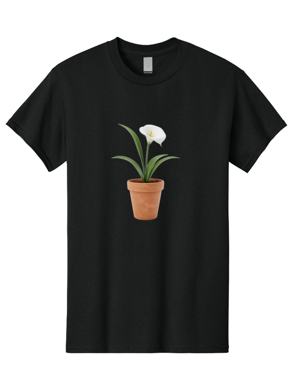White-Calla-Lily Men'S Graphic Tee, 100% Cotton, Comfortable Casual Summer Wear, Machine Washable, Calla Lily, White Flower, Potted Plant, Terracotta Pot, Elegant Bloom, Floral Beauty, Simple Decor, Home Decor, Yellow Stamen, Green Leaves, Bab584