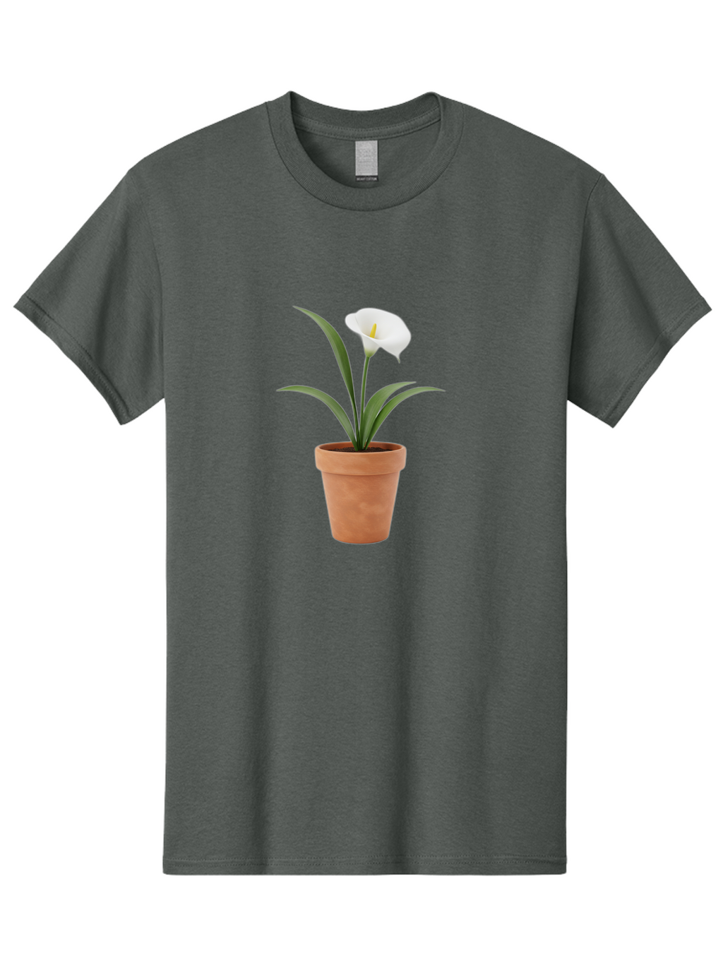 White-Calla-Lily Men'S Graphic Tee, 100% Cotton, Comfortable Casual Summer Wear, Machine Washable, Calla Lily, White Flower, Potted Plant, Terracotta Pot, Elegant Bloom, Floral Beauty, Simple Decor, Home Decor, Yellow Stamen, Green Leaves, Bab584