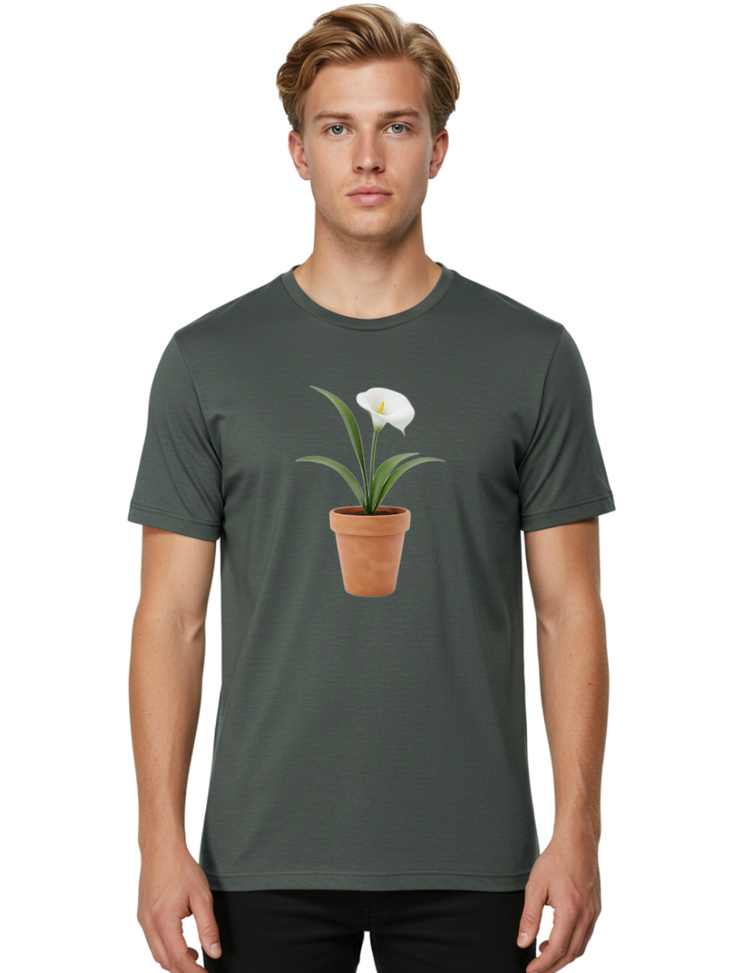 White-Calla-Lily Men'S Graphic Tee, 100% Cotton, Comfortable Casual Summer Wear, Machine Washable, Calla Lily, White Flower, Potted Plant, Terracotta Pot, Elegant Bloom, Floral Beauty, Simple Decor, Home Decor, Yellow Stamen, Green Leaves, Bab584