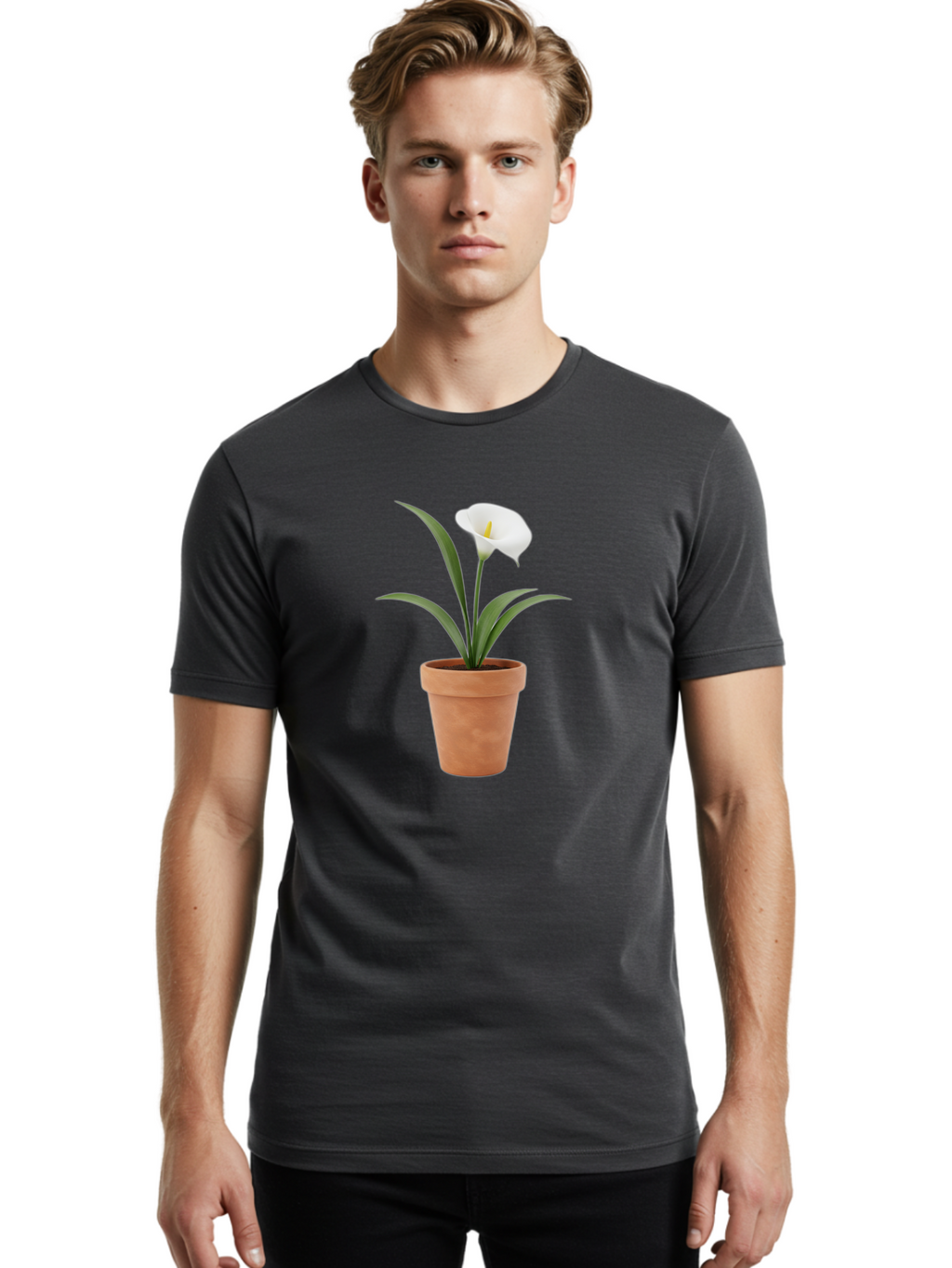 White-Calla-Lily Men'S Graphic Tee, 100% Cotton, Comfortable Casual Summer Wear, Machine Washable, Calla Lily, White Flower, Potted Plant, Terracotta Pot, Elegant Bloom, Floral Beauty, Simple Decor, Home Decor, Yellow Stamen, Green Leaves, Bab584