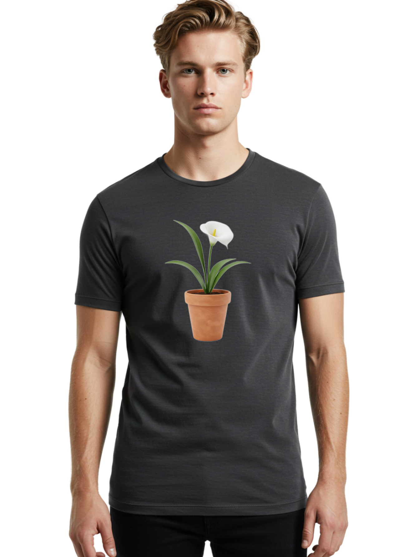 White-Calla-Lily Men'S Graphic Tee, 100% Cotton, Comfortable Casual Summer Wear, Machine Washable, Calla Lily, White Flower, Potted Plant, Terracotta Pot, Elegant Bloom, Floral Beauty, Simple Decor, Home Decor, Yellow Stamen, Green Leaves, Bab584