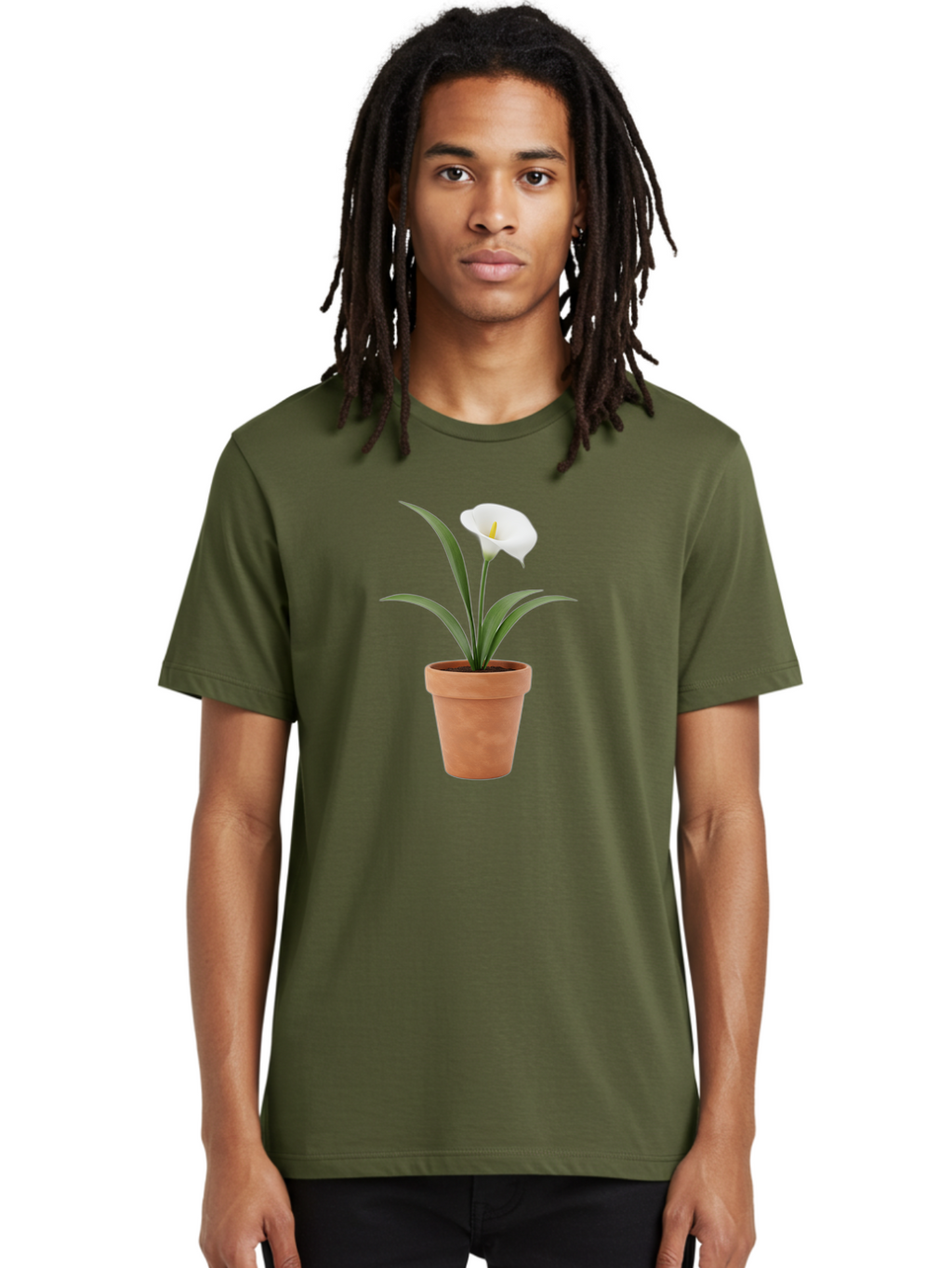 White-Calla-Lily Men'S Graphic Tee, 100% Cotton, Comfortable Casual Summer Wear, Machine Washable, Calla Lily, White Flower, Potted Plant, Terracotta Pot, Elegant Bloom, Floral Beauty, Simple Decor, Home Decor, Yellow Stamen, Green Leaves, Bab584