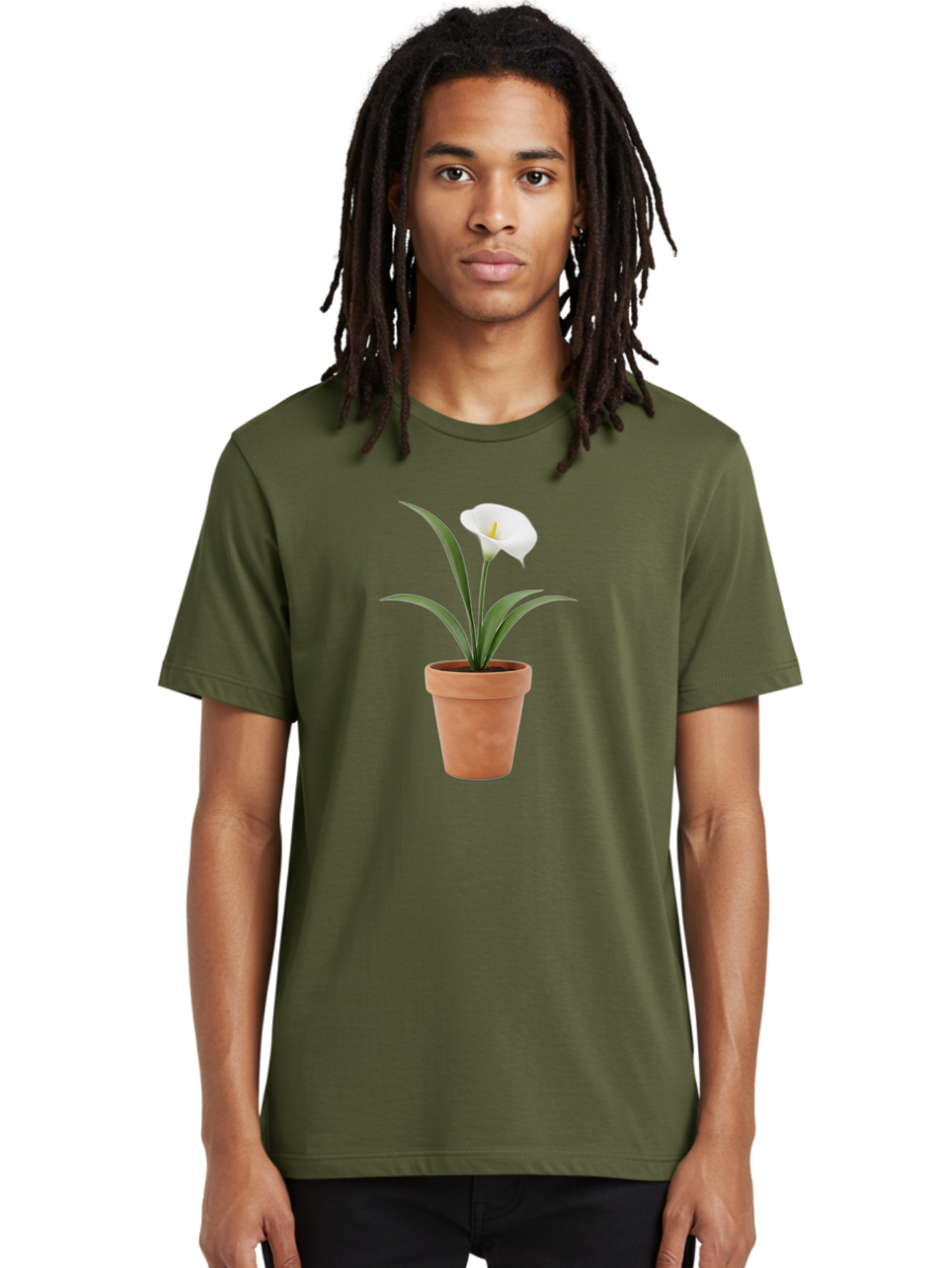 White-Calla-Lily Men'S Graphic Tee, 100% Cotton, Comfortable Casual Summer Wear, Machine Washable, Calla Lily, White Flower, Potted Plant, Terracotta Pot, Elegant Bloom, Floral Beauty, Simple Decor, Home Decor, Yellow Stamen, Green Leaves, Bab584
