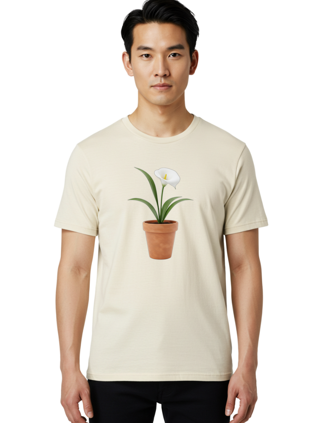 White-Calla-Lily Men'S Graphic Tee, 100% Cotton, Comfortable Casual Summer Wear, Machine Washable, Calla Lily, White Flower, Potted Plant, Terracotta Pot, Elegant Bloom, Floral Beauty, Simple Decor, Home Decor, Yellow Stamen, Green Leaves, Bab584