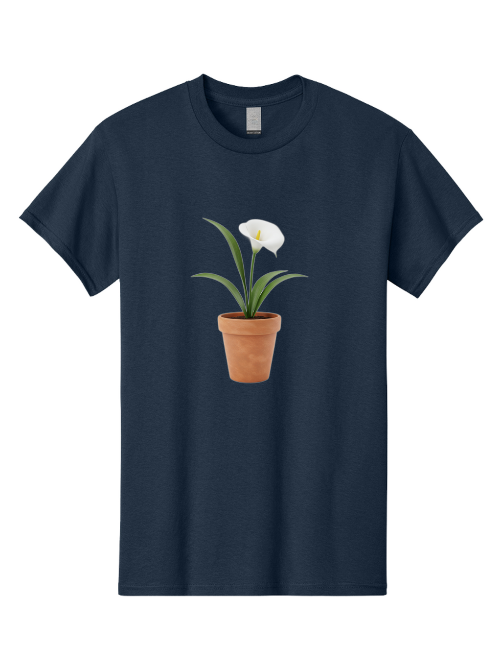 White-Calla-Lily Men'S Graphic Tee, 100% Cotton, Comfortable Casual Summer Wear, Machine Washable, Calla Lily, White Flower, Potted Plant, Terracotta Pot, Elegant Bloom, Floral Beauty, Simple Decor, Home Decor, Yellow Stamen, Green Leaves, Bab584