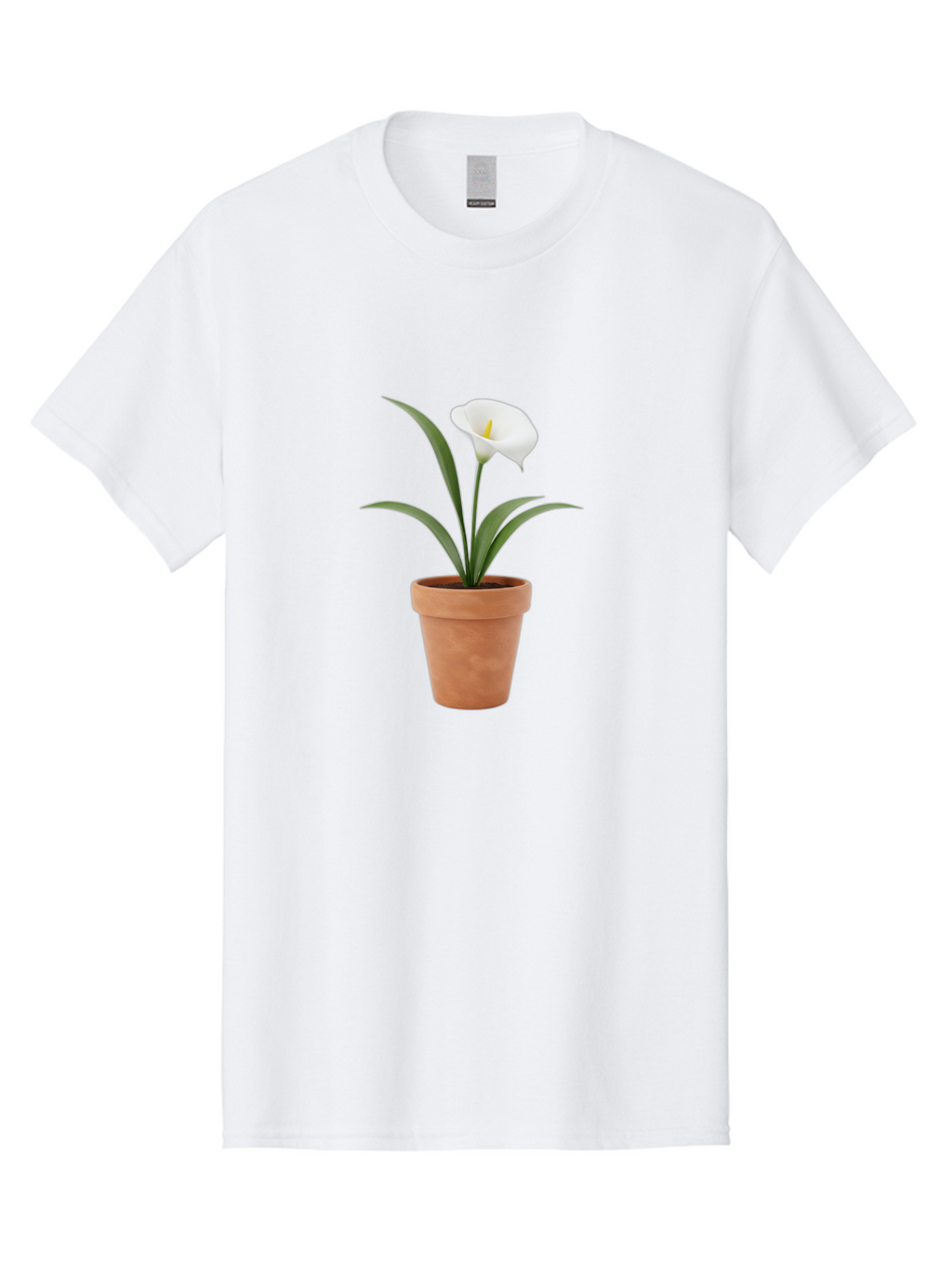 White-Calla-Lily Men'S Graphic Tee, 100% Cotton, Comfortable Casual Summer Wear, Machine Washable, Calla Lily, White Flower, Potted Plant, Terracotta Pot, Elegant Bloom, Floral Beauty, Simple Decor, Home Decor, Yellow Stamen, Green Leaves, Bab584