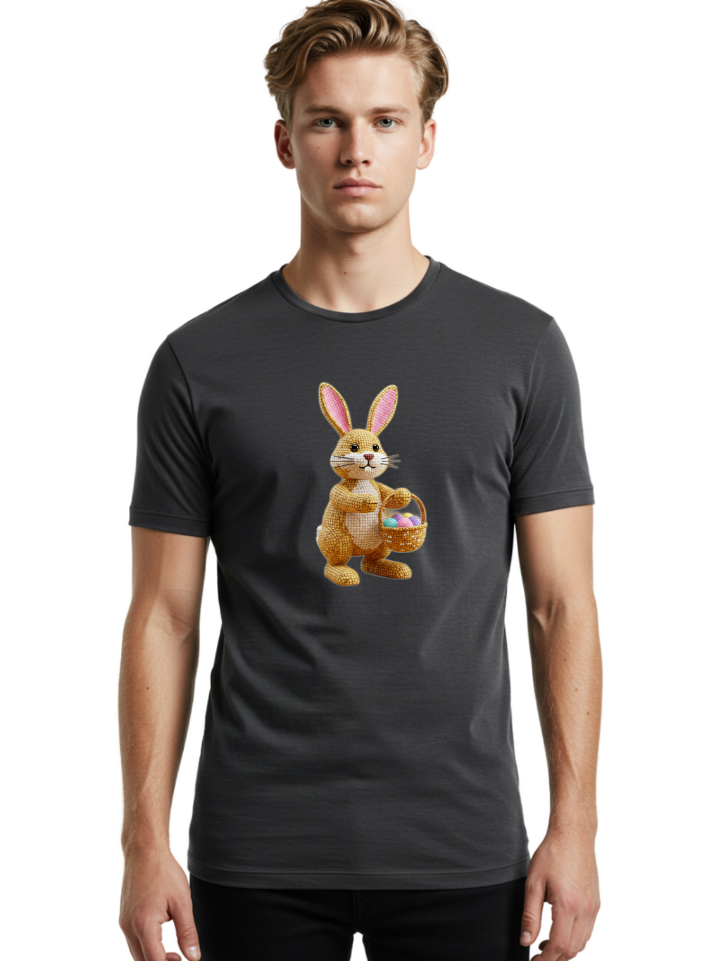 Wicker-Easter-Bunny Men'S Graphic Tee, 100% Cotton, Comfortable Casual Summer Wear, Machine Washable, Wicker Bunny, Holding Basket, Easter Eggs, Spring Holiday, Pastel Colors, Whimsical Design, Wicker Texture, Easter Basket, Cute Bunny, Bab586